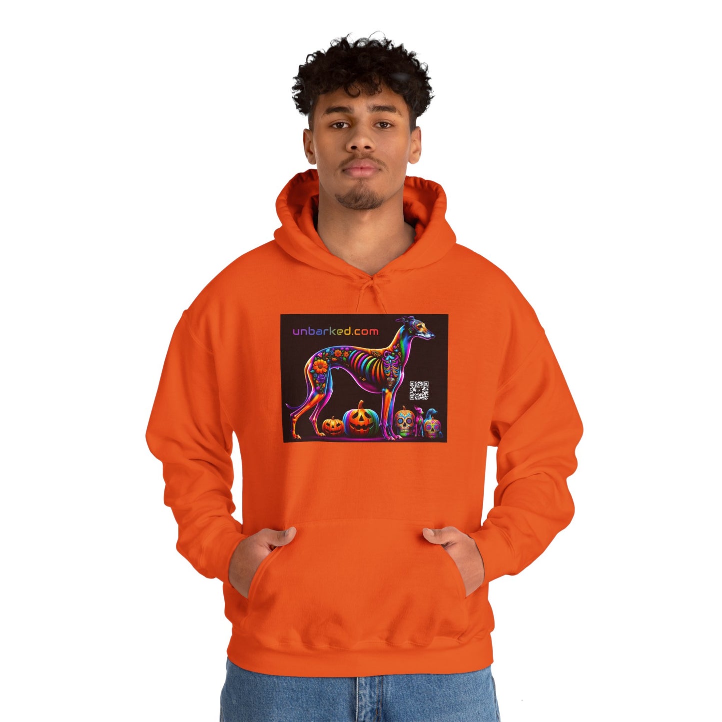 Unisex Heavy Blend™ Hooded Sweatshirt UNBARKED! Halloween Collection - Galgo Greyhound Dog Vibrant Día de Muertos Tattoo