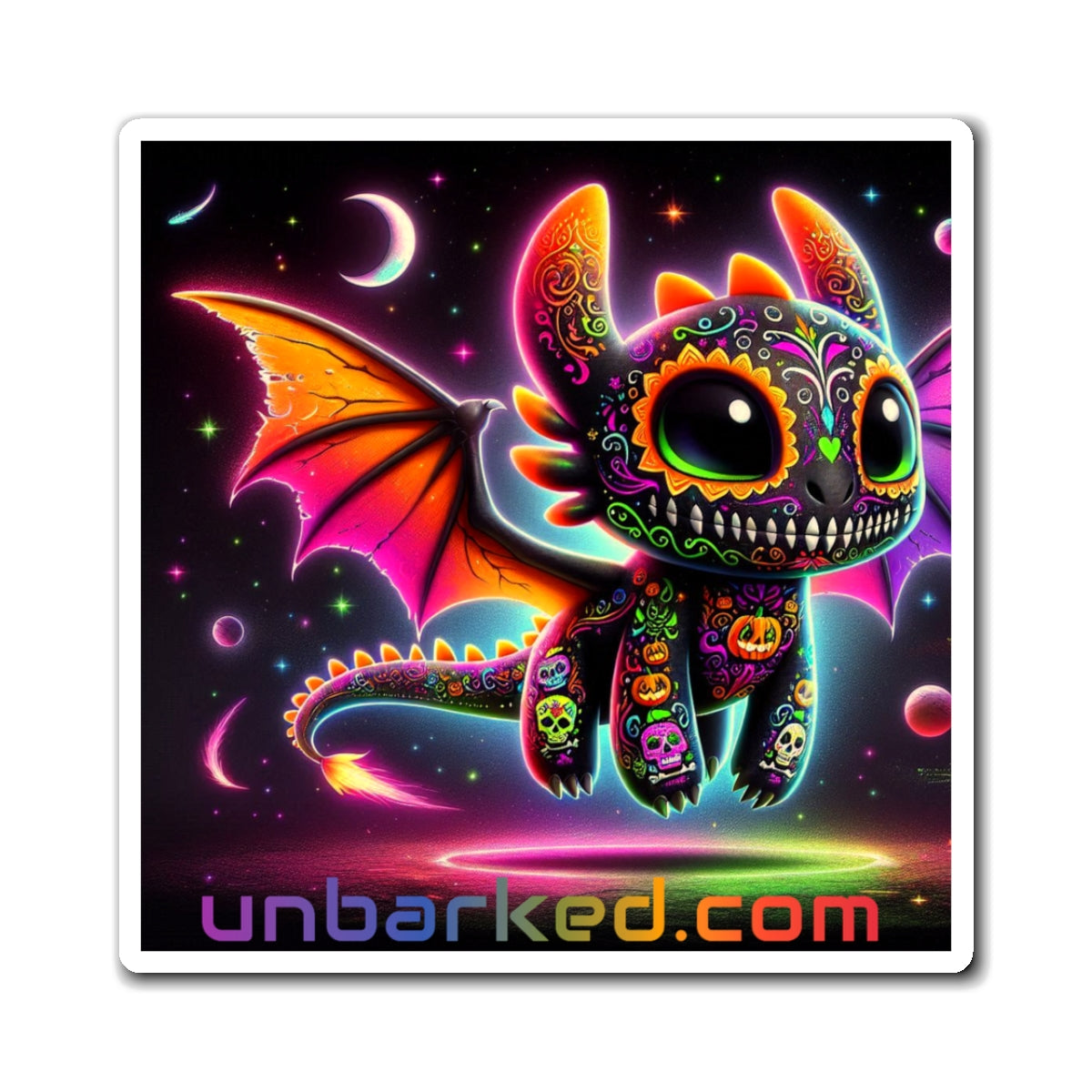 3" Square Magnet - UNBARKED! Halloween Collection - Dragon Vibrant Día de Muertos Tattoo