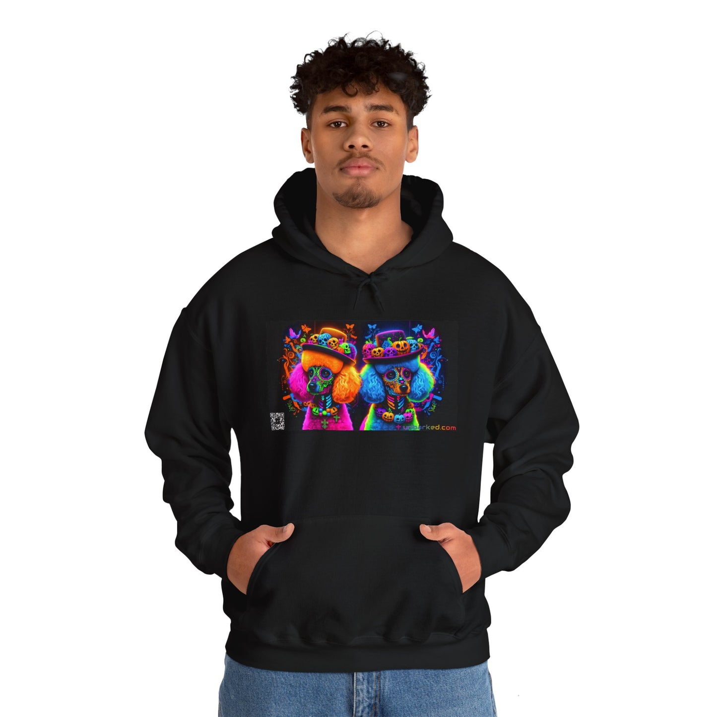 Unisex Heavy Blend™ Hooded Sweatshirt UNBARKED! Halloween Collection - Poodle Dog Vibrant Día de Muertos Tattoo
