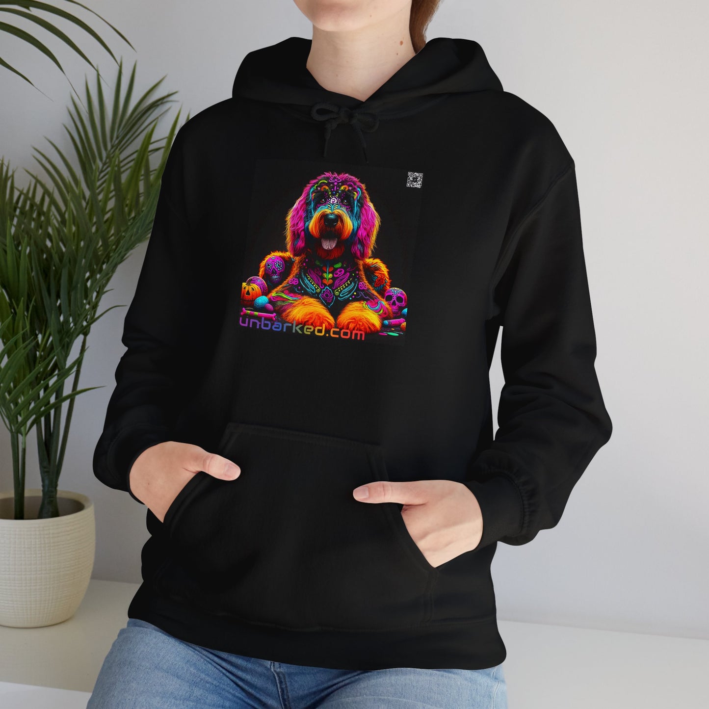 Unisex Heavy Blend™ Hooded Sweatshirt UNBARKED! Halloween Collection - Bernedoodle Vibrant Día de Muertos Tattoo