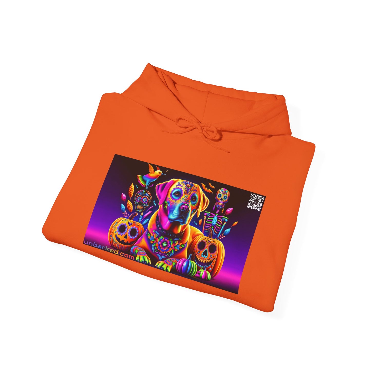 Unisex Heavy Blend™ Hooded Sweatshirt UNBARKED! Halloween Collection - Labrador Retreiver Dog Vibrant Día de Muertos Tattoo
