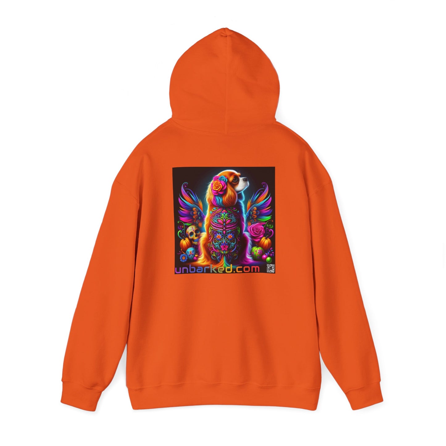 Unisex Heavy Blend™ Hooded Sweatshirt UNBARKED! Halloween Collection - Cavalier King Charles Spaniel Dog Vibrant Día de Muertos Tattoo