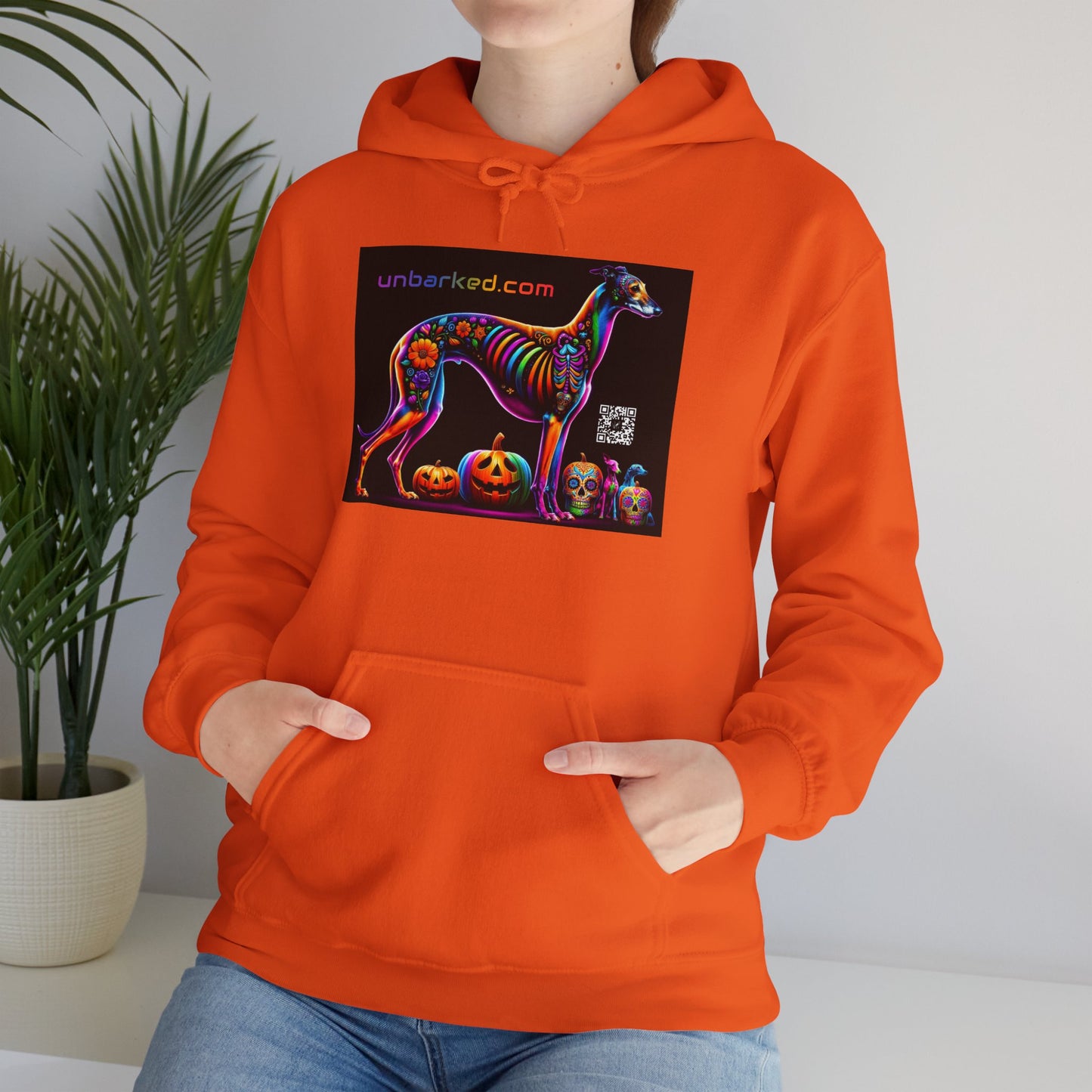 Unisex Heavy Blend™ Hooded Sweatshirt UNBARKED! Halloween Collection - Galgo Greyhound Dog Vibrant Día de Muertos Tattoo