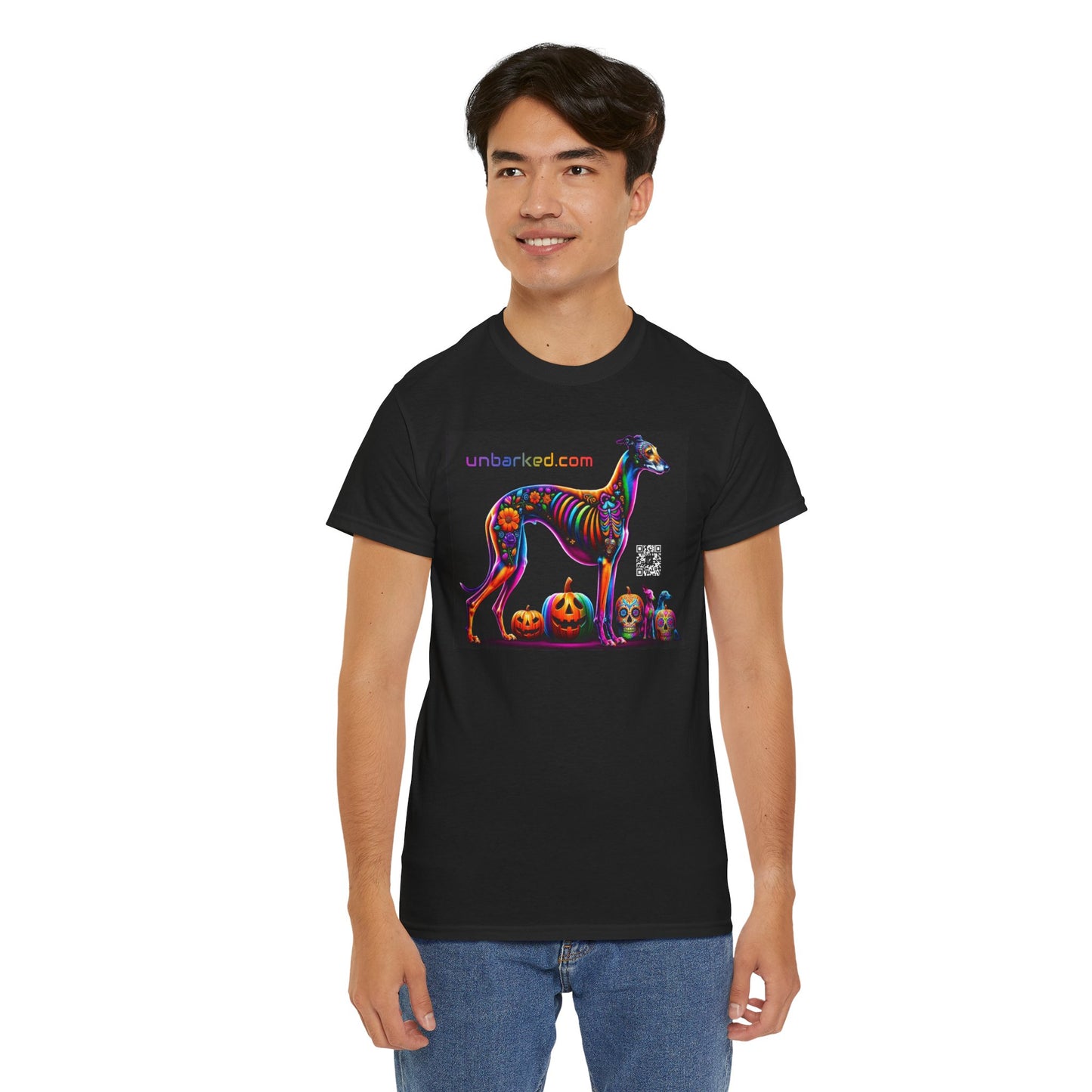 UNBARKED! Halloween Collection - Galgo Greyhound Dog Vibrant Día de Muertos Tattoo Unisex Heavy Cotton Tee