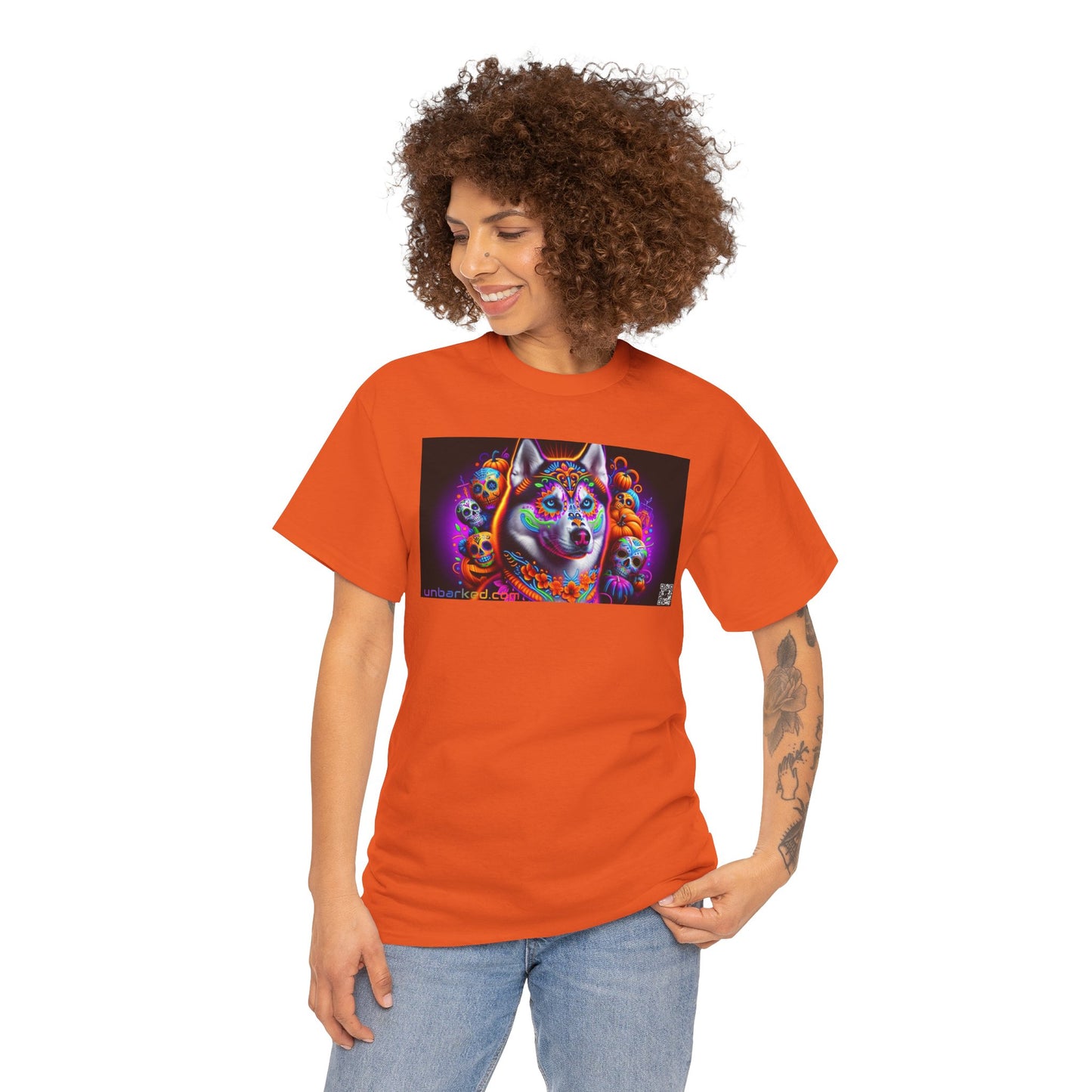 UNBARKED! Halloween Collection - Husky/ Alaskan Malamute Dog Vibrant Día de Muertos Tattoo Unisex Heavy Cotton Tee