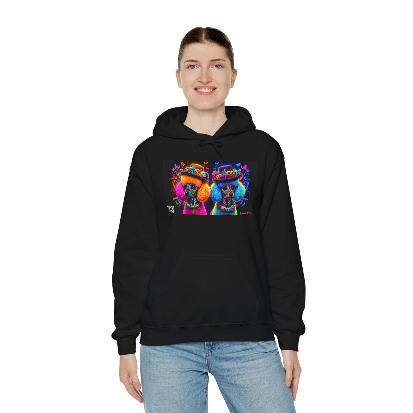 Unisex Heavy Blend™ Hooded Sweatshirt UNBARKED! Halloween Collection - Poodle Dog Vibrant Día de Muertos Tattoo