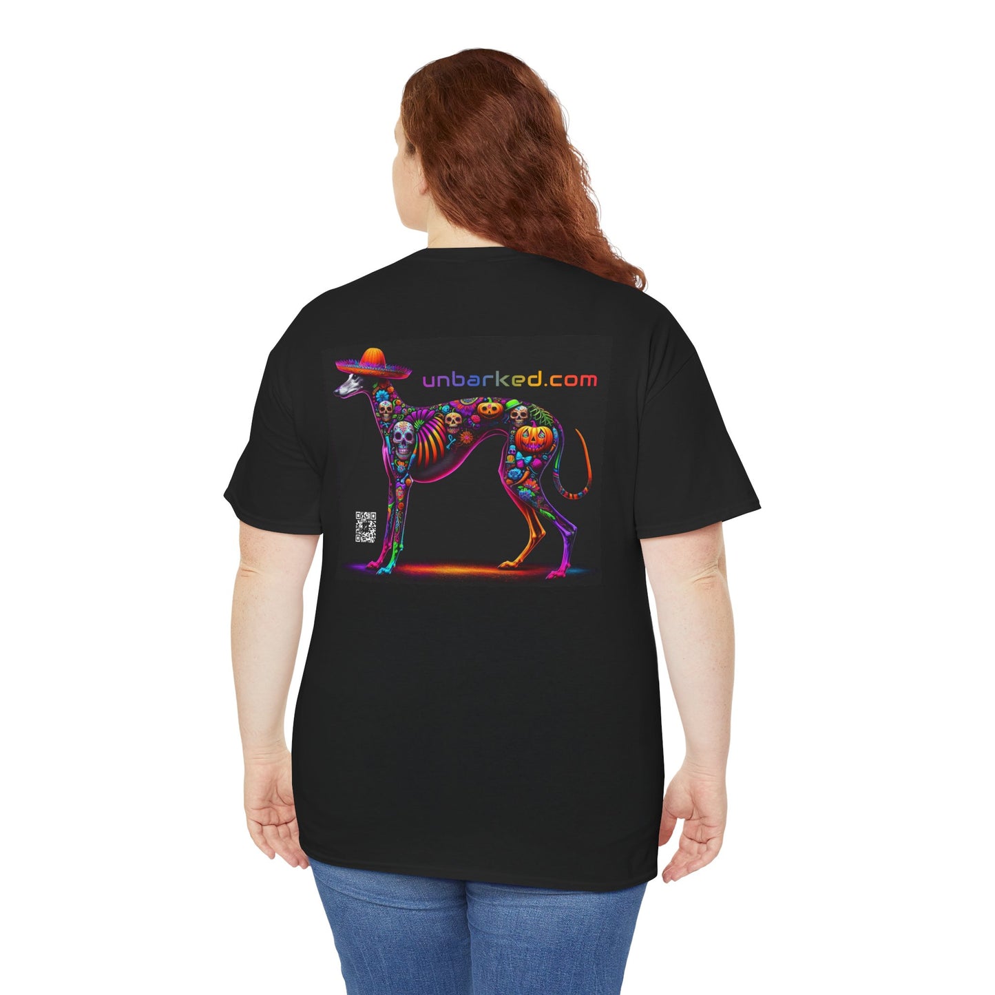UNBARKED! Halloween Collection - Galgo Greyhound Dog Vibrant Día de Muertos Tattoo Unisex Heavy Cotton Tee