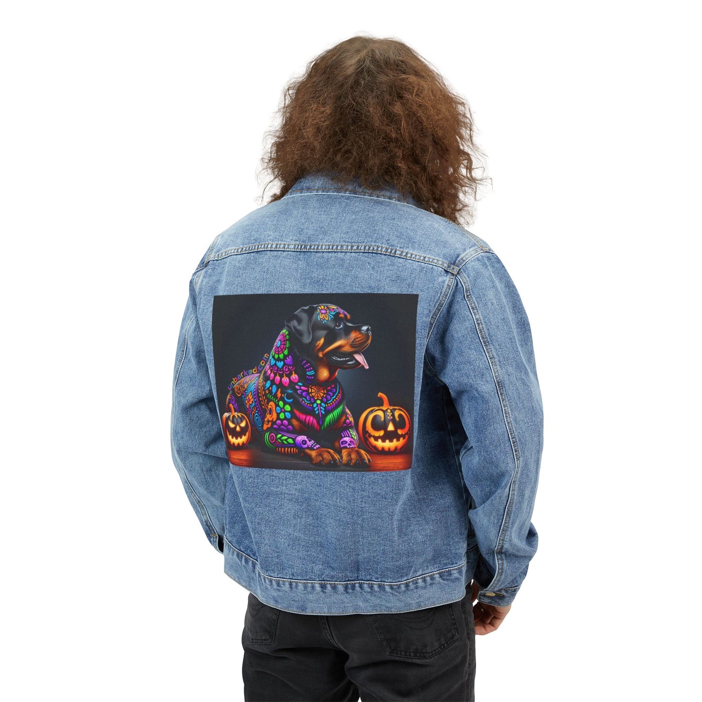 UNBARKED! Halloween Collection Rottweiler Dog Dia de Los Muertos Denim Jacket Throw Bak!