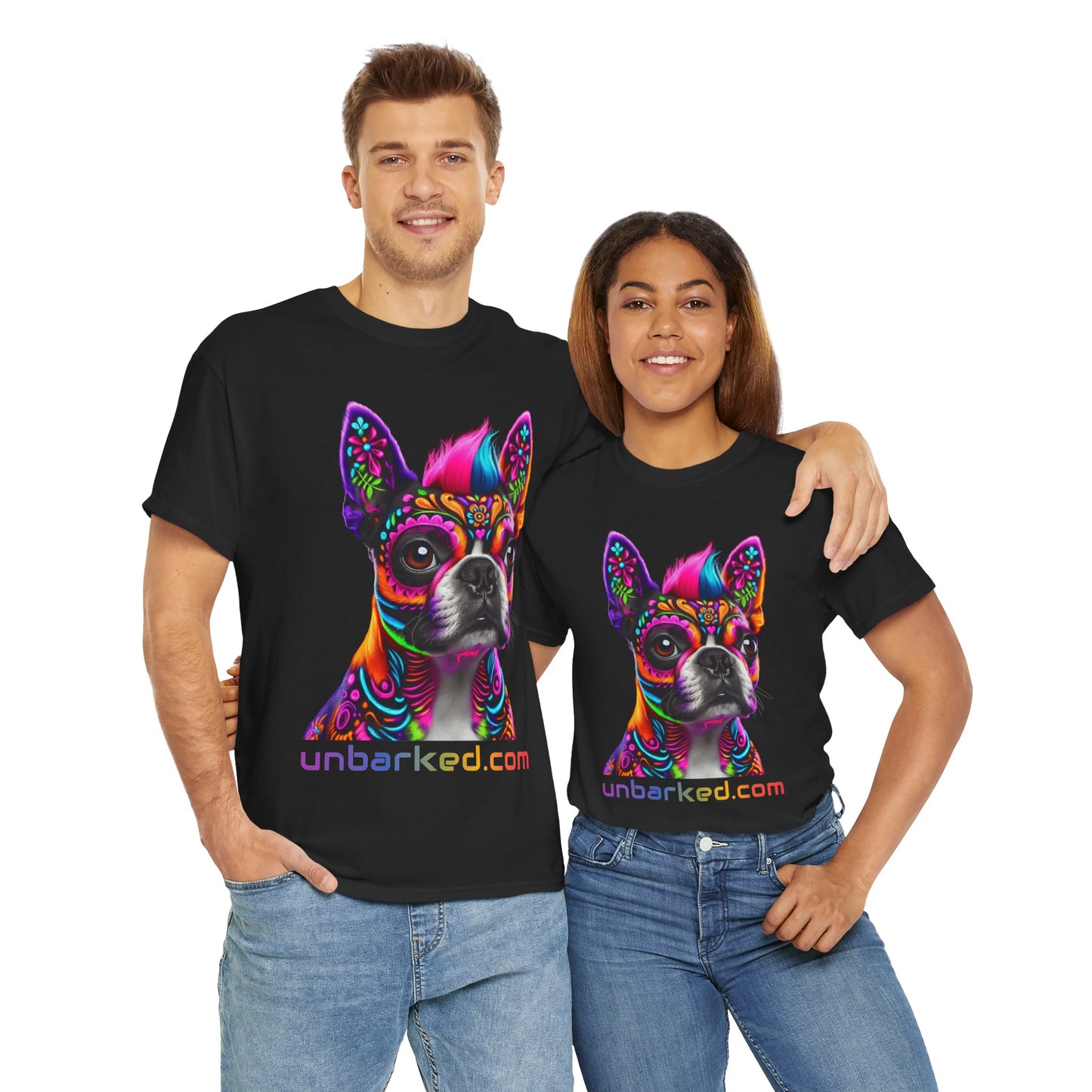 UNBARKED! Halloween Collection - Boston Terrier Dog Vibrant Día de Muertos Tattoo Unisex Heavy Cotton Tee