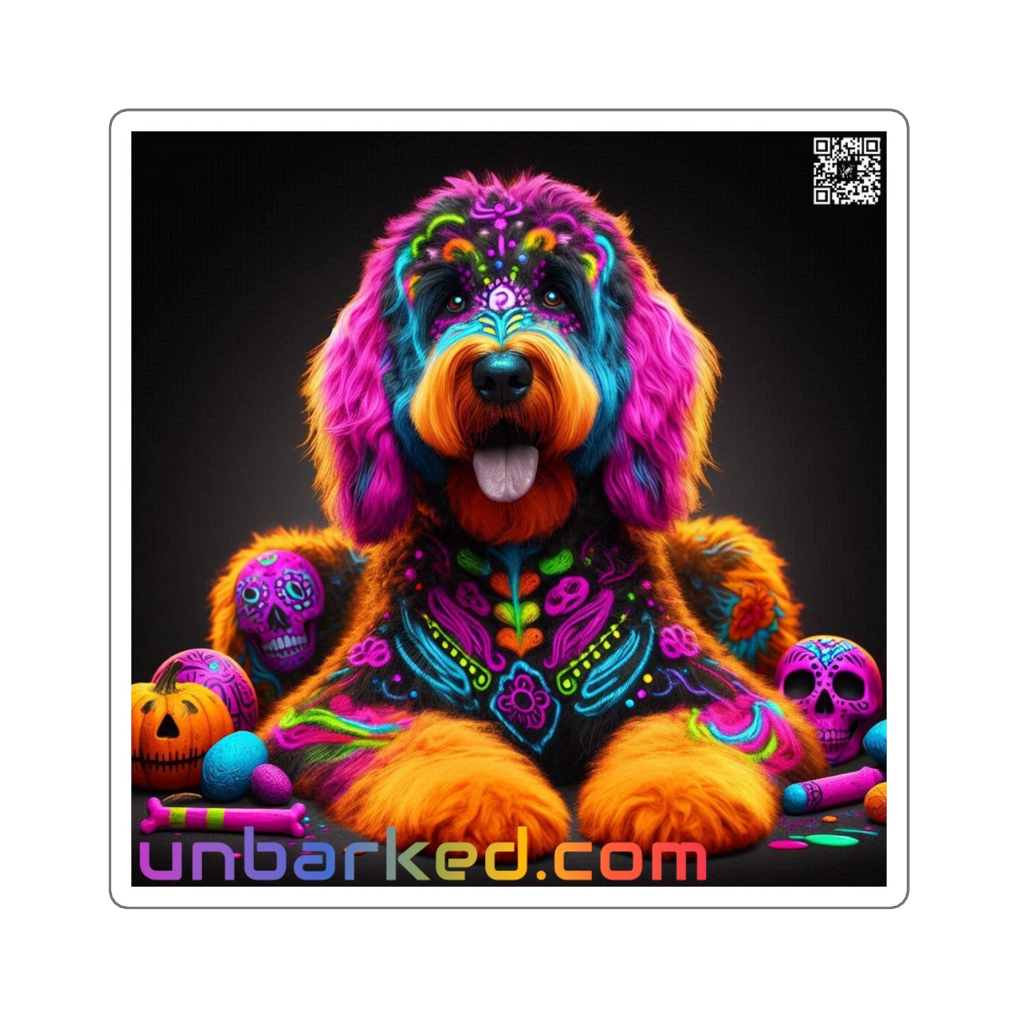 3x3" Square Sticker UNBARKED! Halloween Collection - Doodle Dog Bernadoodle Vibrant Día de Muertos Tattoo