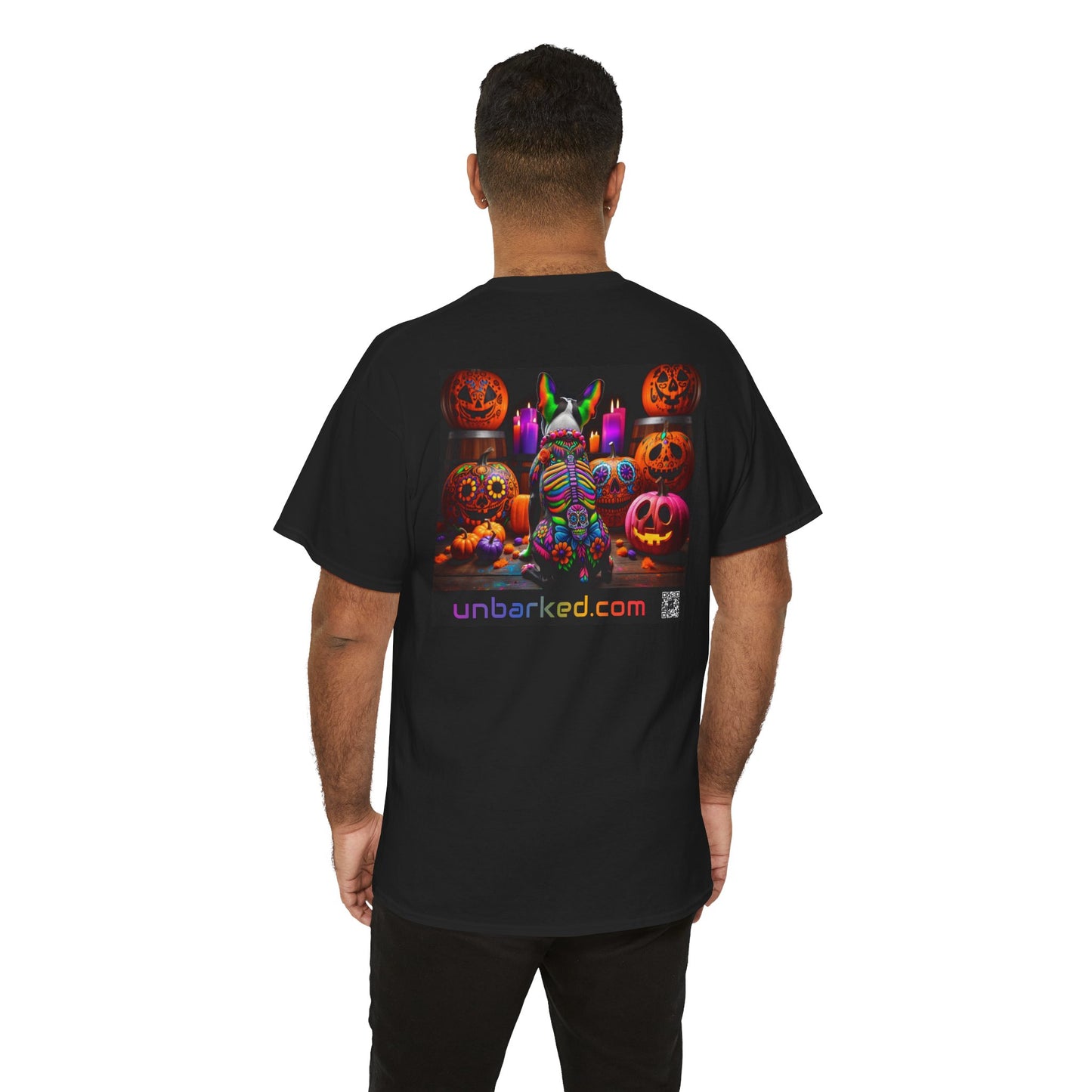 UNBARKED! Halloween Collection - Boston Terrier Dog Vibrant Día de Muertos Tattoo Unisex Heavy Cotton Tee