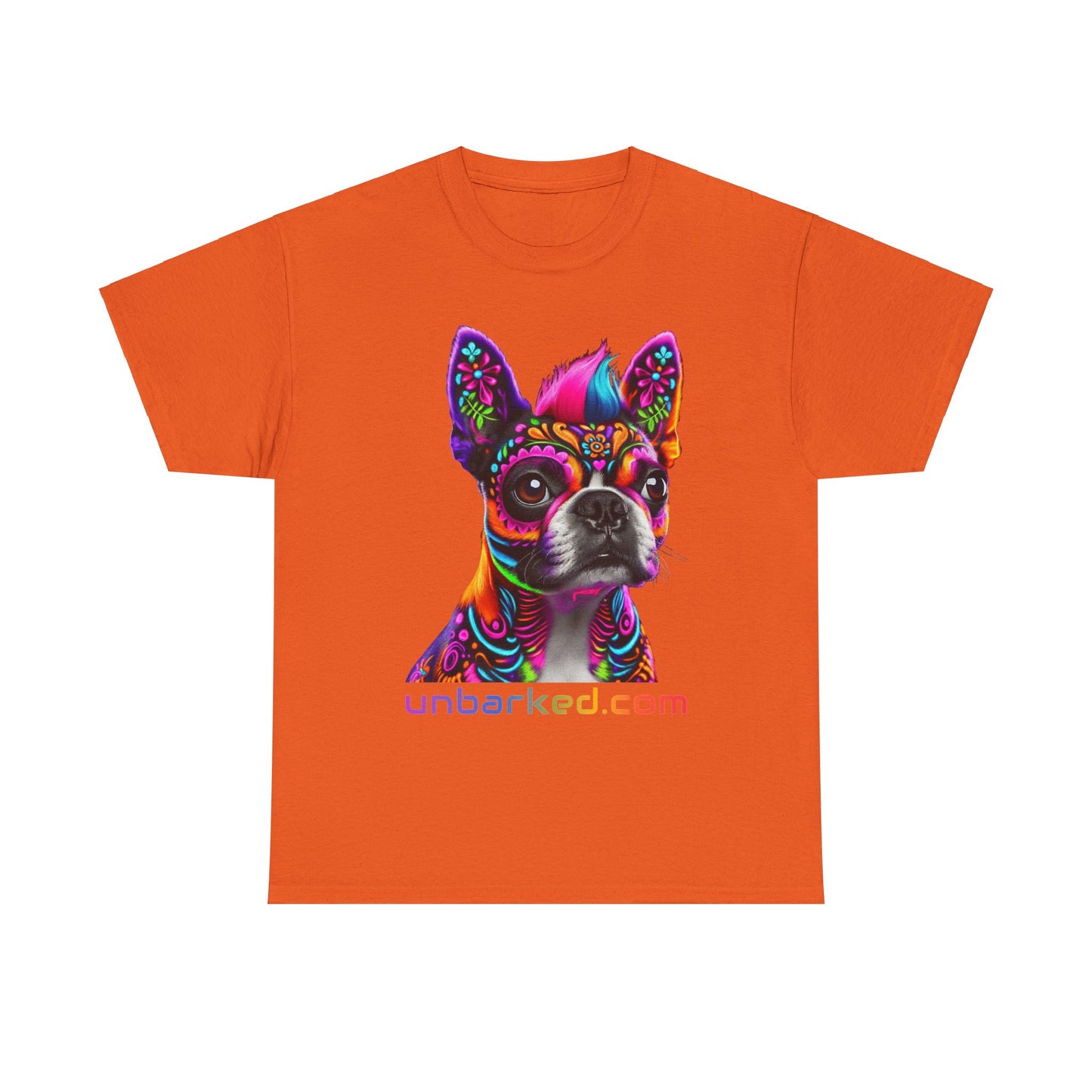 UNBARKED! Halloween Collection - Boston Terrier Dog Vibrant Día de Muertos Tattoo Unisex Heavy Cotton Tee