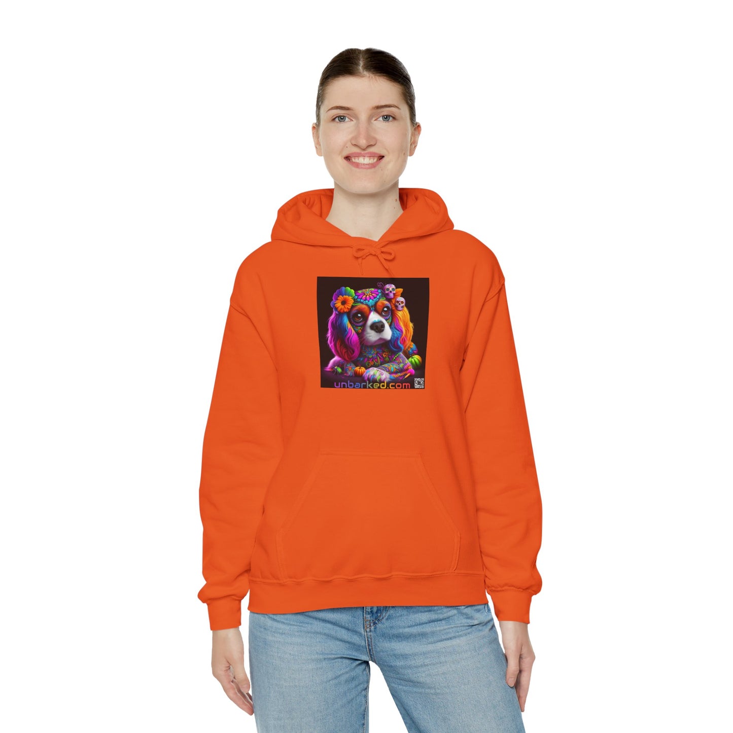 Unisex Heavy Blend™ Hooded Sweatshirt UNBARKED! Halloween Collection - Cavalier King Charles Spaniel Dog Vibrant Día de Muertos Tattoo