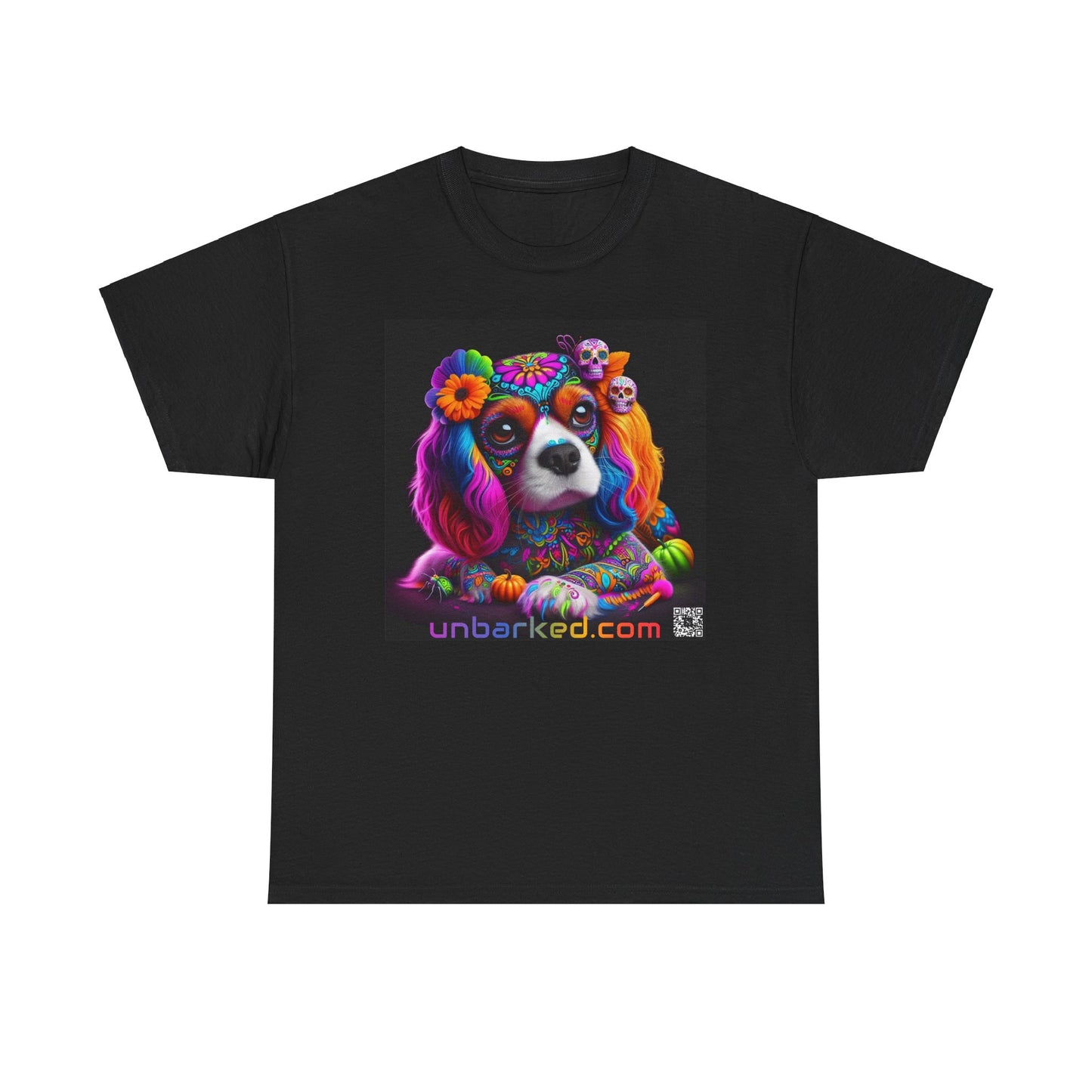UNBARKED! Halloween Collection - Cavalier King Charles Spaniel Dog Vibrant Día de Muertos Tattoo Unisex Heavy Cotton Tee