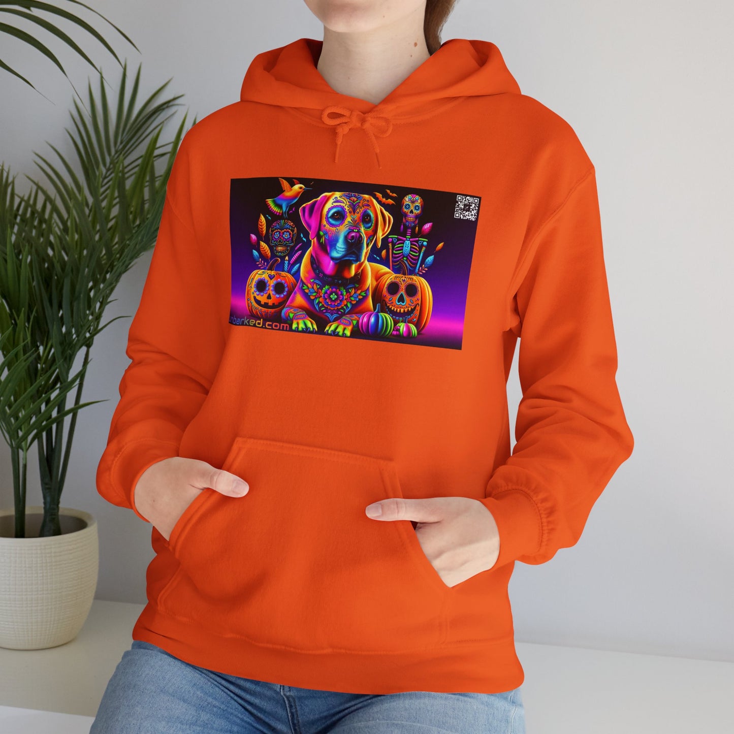 Unisex Heavy Blend™ Hooded Sweatshirt UNBARKED! Halloween Collection - Labrador Retreiver Dog Vibrant Día de Muertos Tattoo
