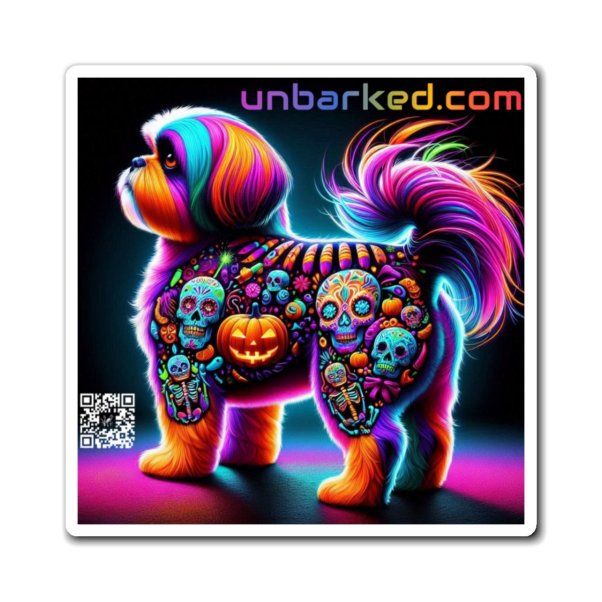 3" Square Magnet - UNBARKED! Halloween Collection - Shihtzu Dog Vibrant Día de Muertos Tattoo