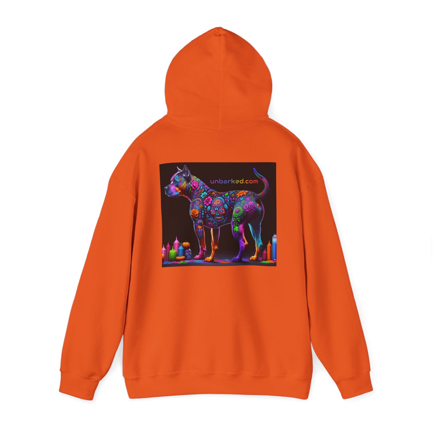 Hooded Sweatshirt UNBARKED! Halloween Collection - Pittie, Pitbull Dog Vibrant Día de Muertos Tattoo Hoodie Unisex Heavy Blend™