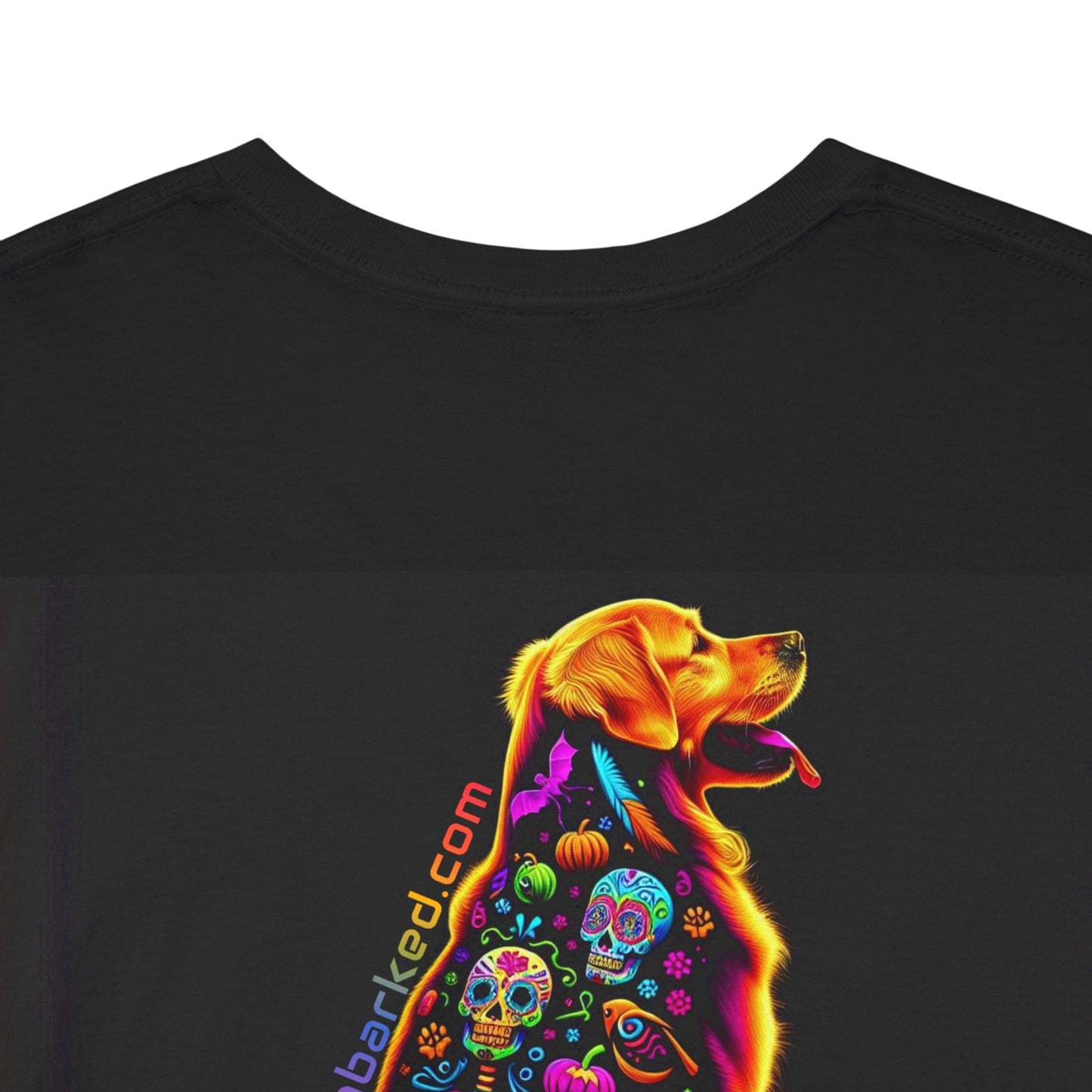 UNBARKED! Halloween Collection - Golden Retreiver Dog Vibrant Día de Muertos Tattoo Unisex Heavy Cotton Tee