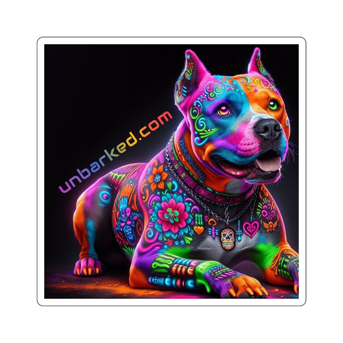 3x3" Square Sticker UNBARKED! Halloween Collection - Pitbull Dog Pittie Vibrant Día de Muertos Tattoo