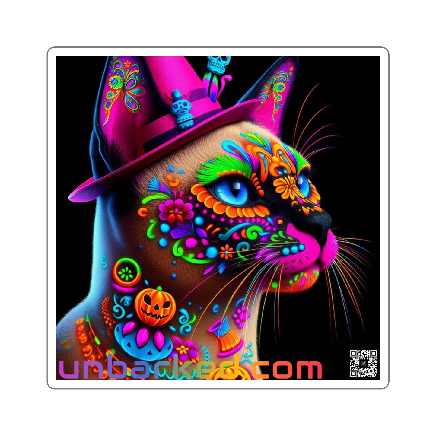 3x3" Square Sticker UNBARKED! Halloween Collection - Siamese Cat Vibrant Día de Muertos Tattoo