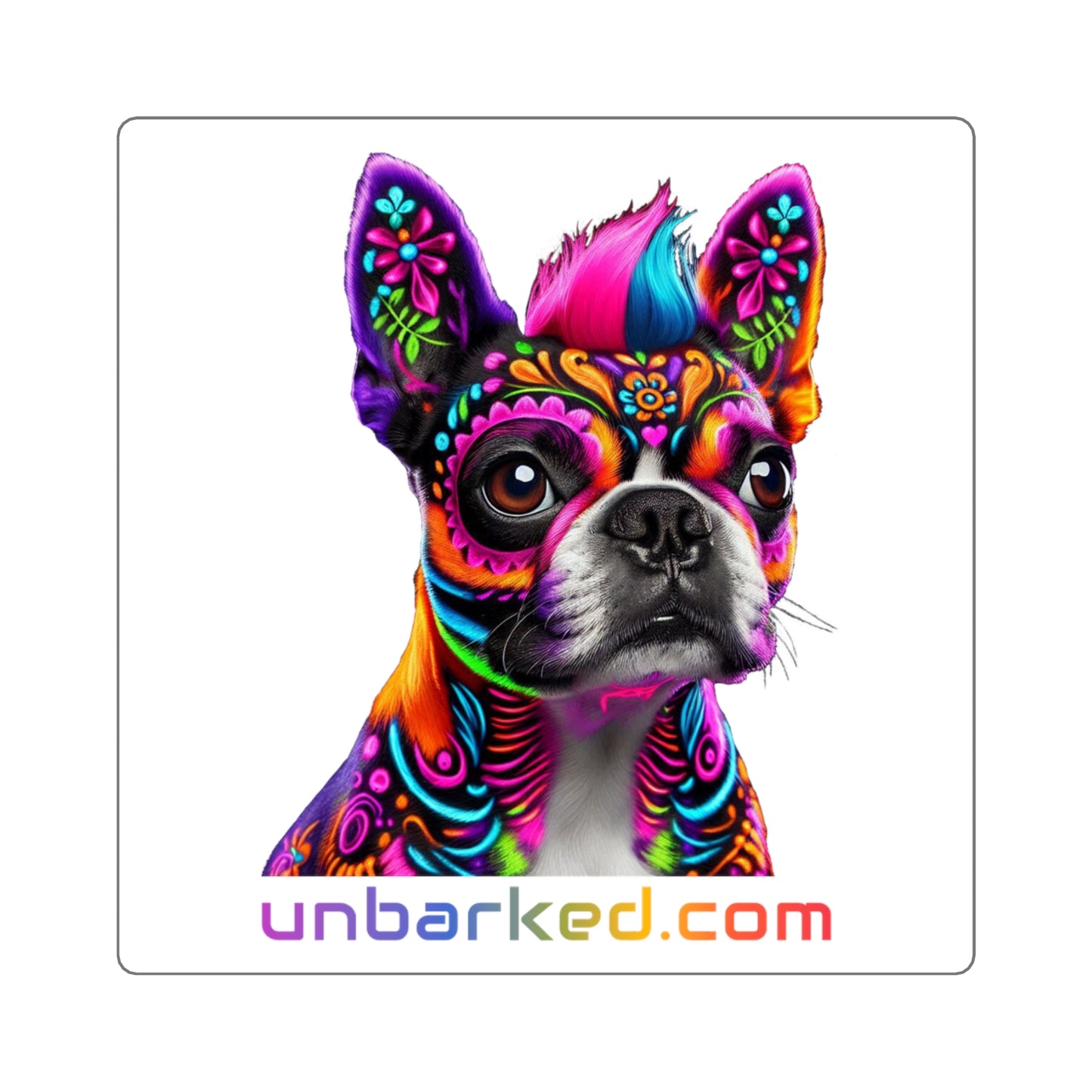 3x3" Square Sticker UNBARKED! Halloween Collection - Boston Terrier Dog Vibrant Día de Muertos Tattoo