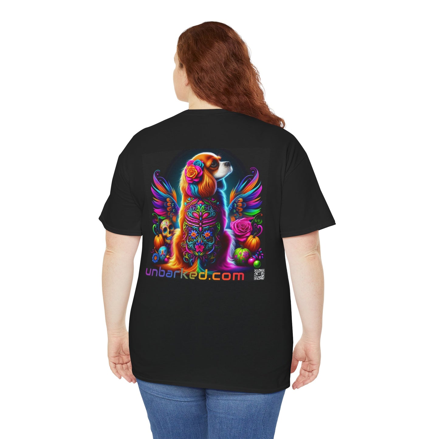 UNBARKED! Halloween Collection - Cavalier King Charles Spaniel Dog Vibrant Día de Muertos Tattoo Unisex Heavy Cotton Tee