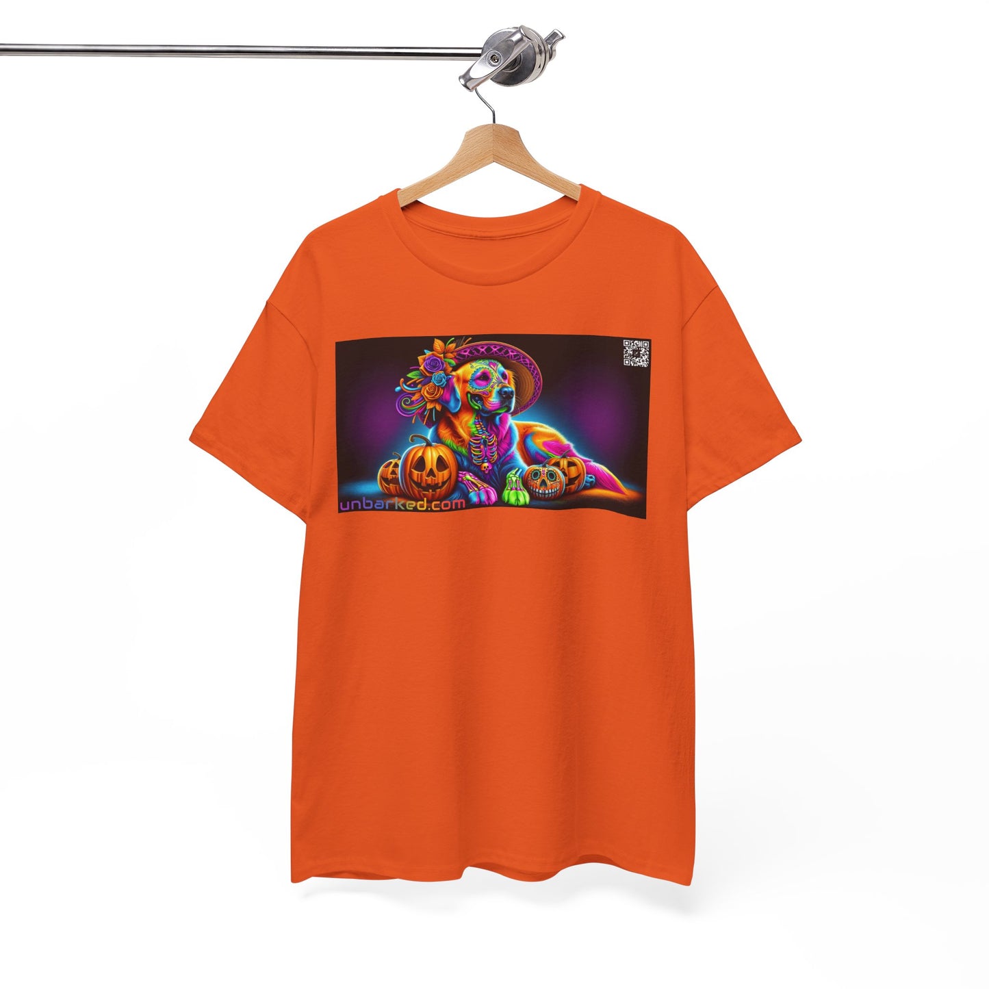UNBARKED! Halloween Collection - Golden Retreiver Dog Vibrant Día de Muertos Tattoo Unisex Heavy Cotton Tee