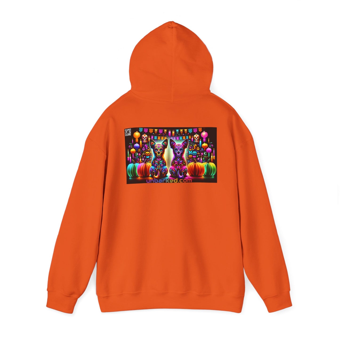 Unisex Heavy Blend™ Hooded Sweatshirt UNBARKED! Halloween Collection - Chihuahua Vibrant Día de Muertos Tattoo