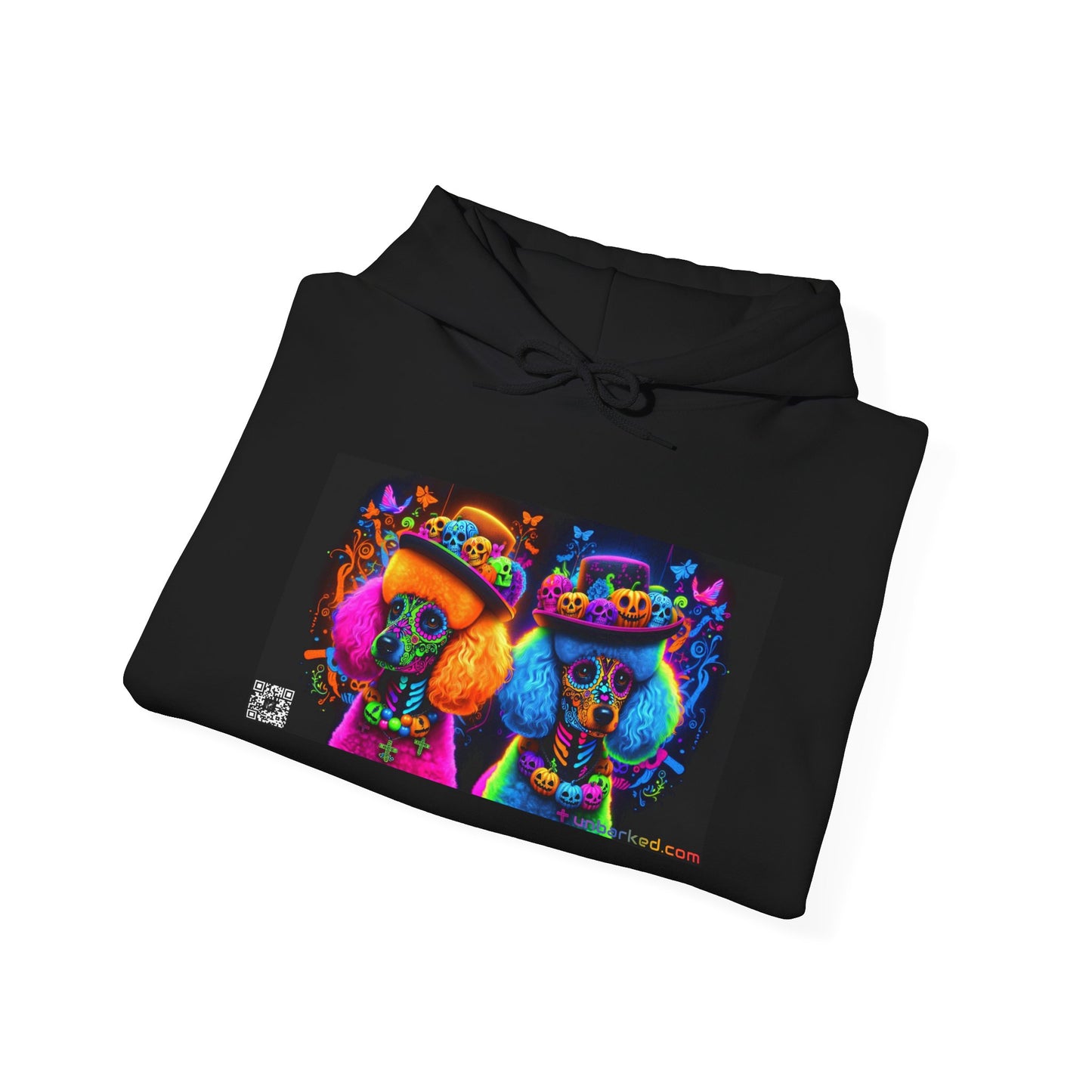 Unisex Heavy Blend™ Hooded Sweatshirt UNBARKED! Halloween Collection - Poodle Dog Vibrant Día de Muertos Tattoo