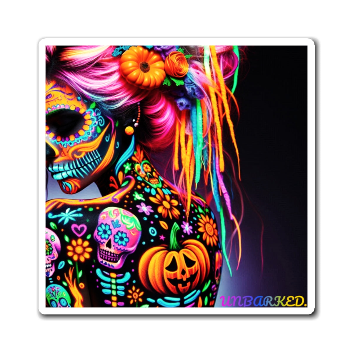 3" Square Magnet - UNBARKED! Halloween Collection - Sexy Vibrant Día de Muertos Tattoo