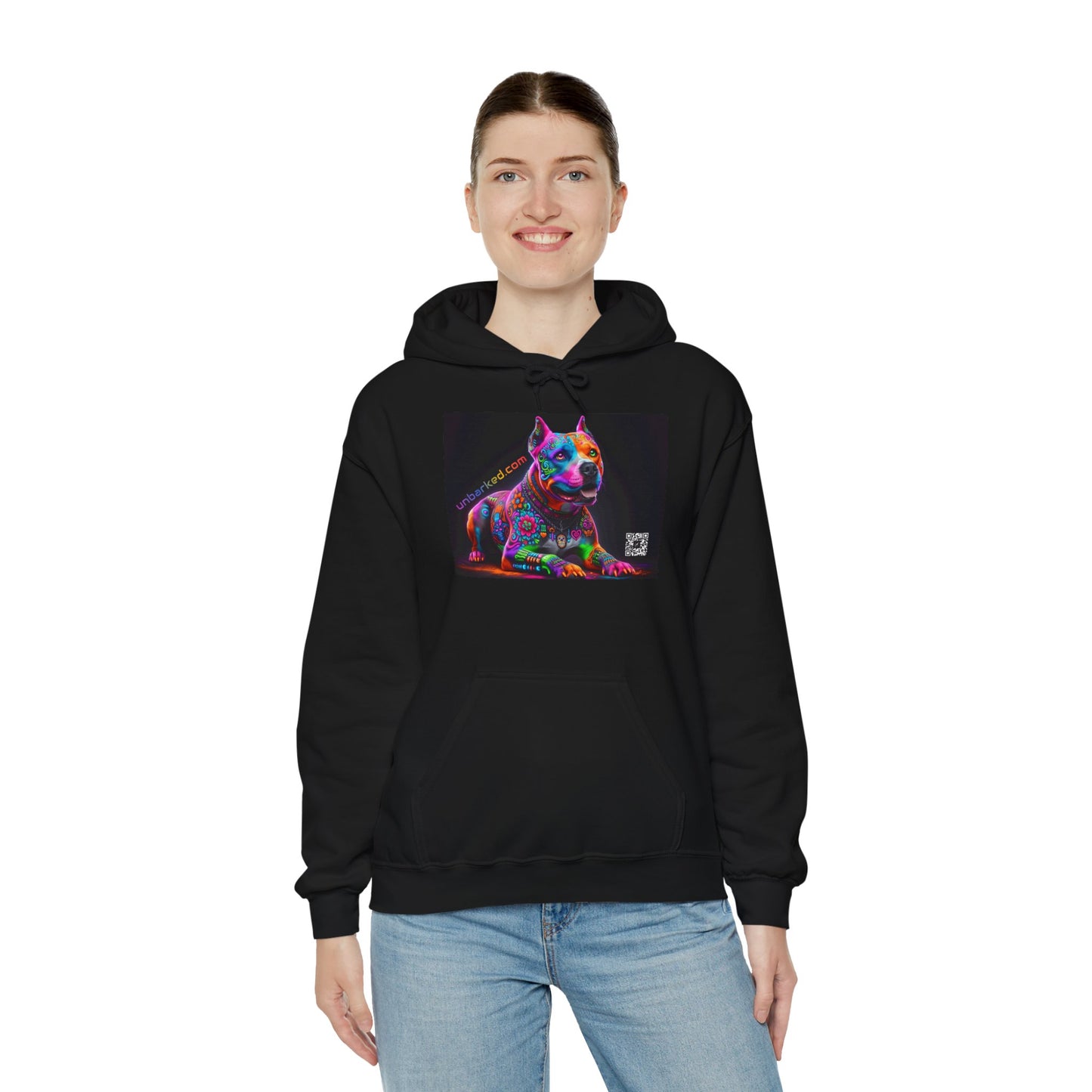 Hooded Sweatshirt UNBARKED! Halloween Collection - Pittie, Pitbull Dog Vibrant Día de Muertos Tattoo Hoodie Unisex Heavy Blend™