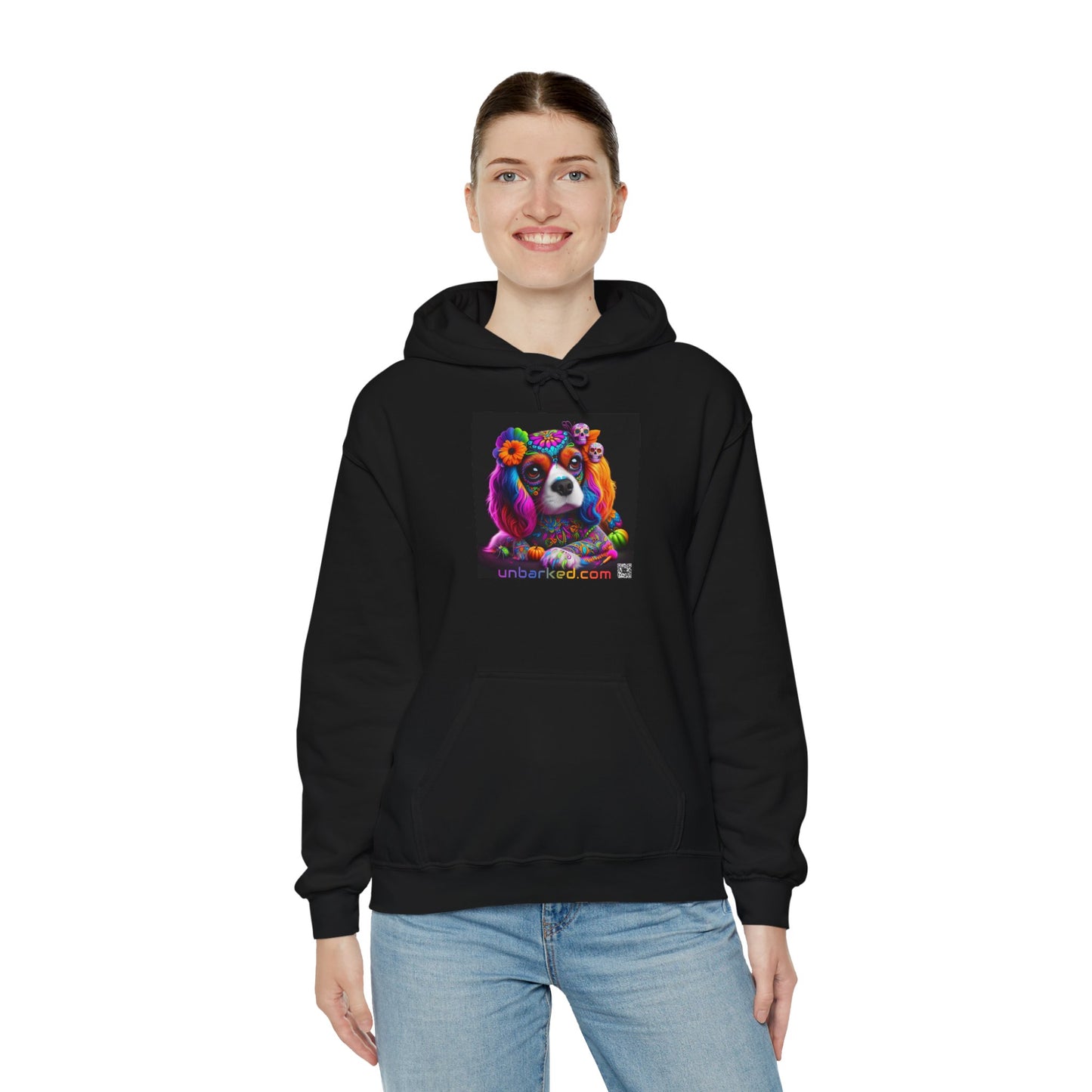 Unisex Heavy Blend™ Hooded Sweatshirt UNBARKED! Halloween Collection - Cavalier King Charles Spaniel Dog Vibrant Día de Muertos Tattoo