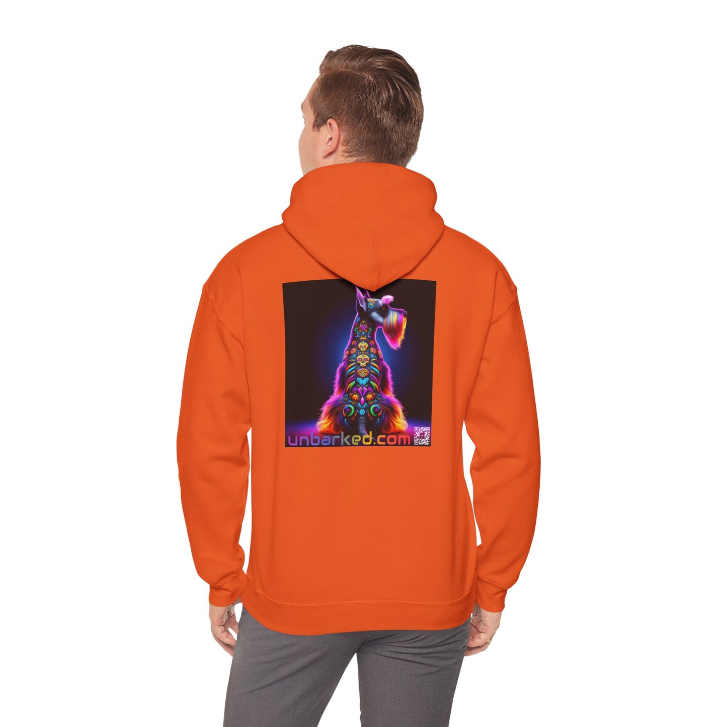 Unisex Heavy Blend™ Hooded Sweatshirt UNBARKED! Halloween Collection - Schnauzer Dog Vibrant Día de Muertos Tattoo
