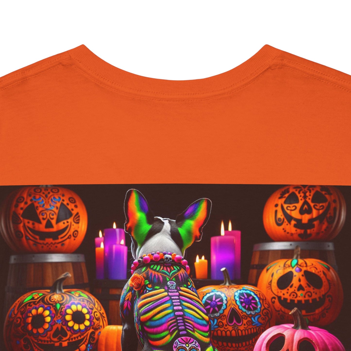 UNBARKED! Halloween Collection - Boston Terrier Dog Vibrant Día de Muertos Tattoo Unisex Heavy Cotton Tee