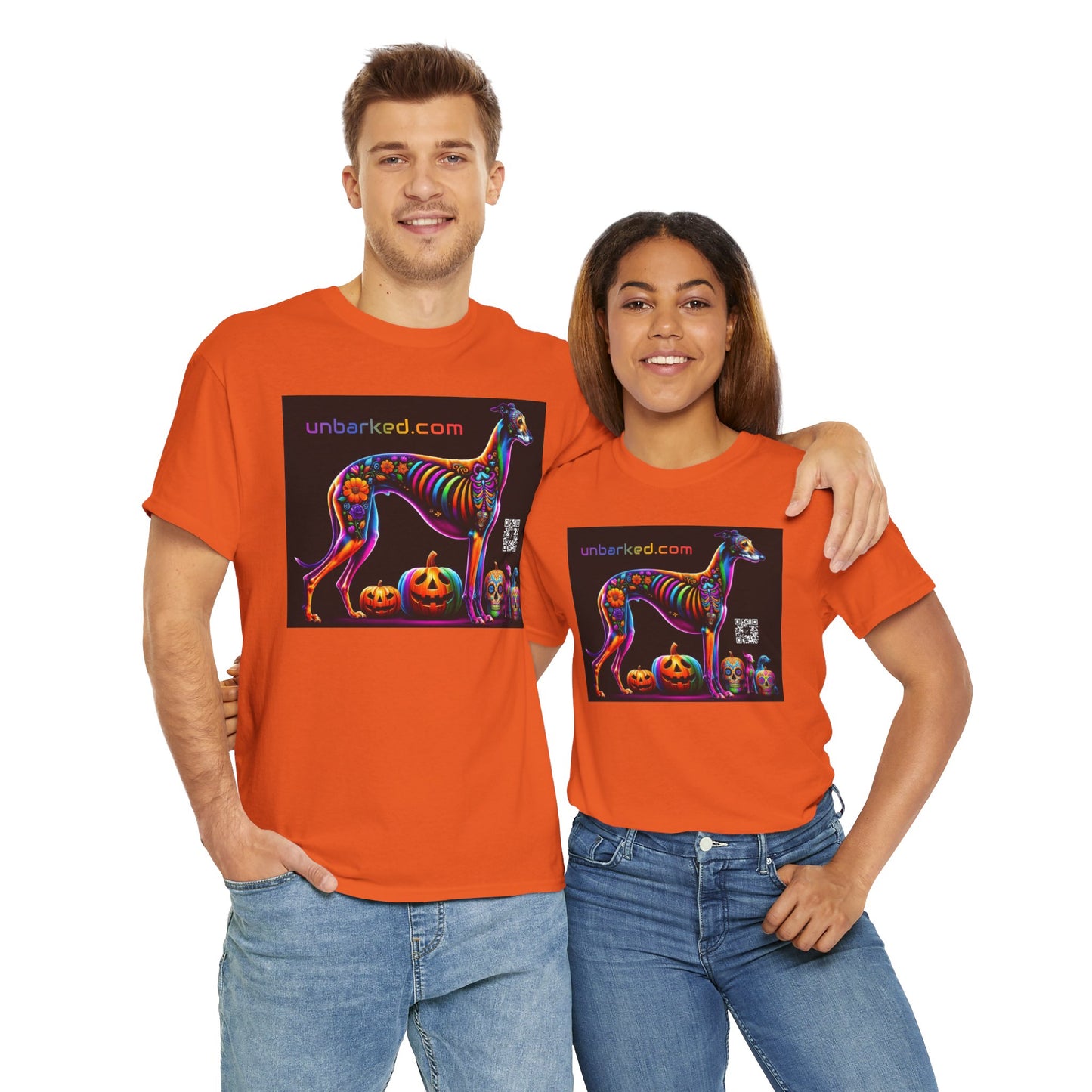UNBARKED! Halloween Collection - Galgo Greyhound Dog Vibrant Día de Muertos Tattoo Unisex Heavy Cotton Tee