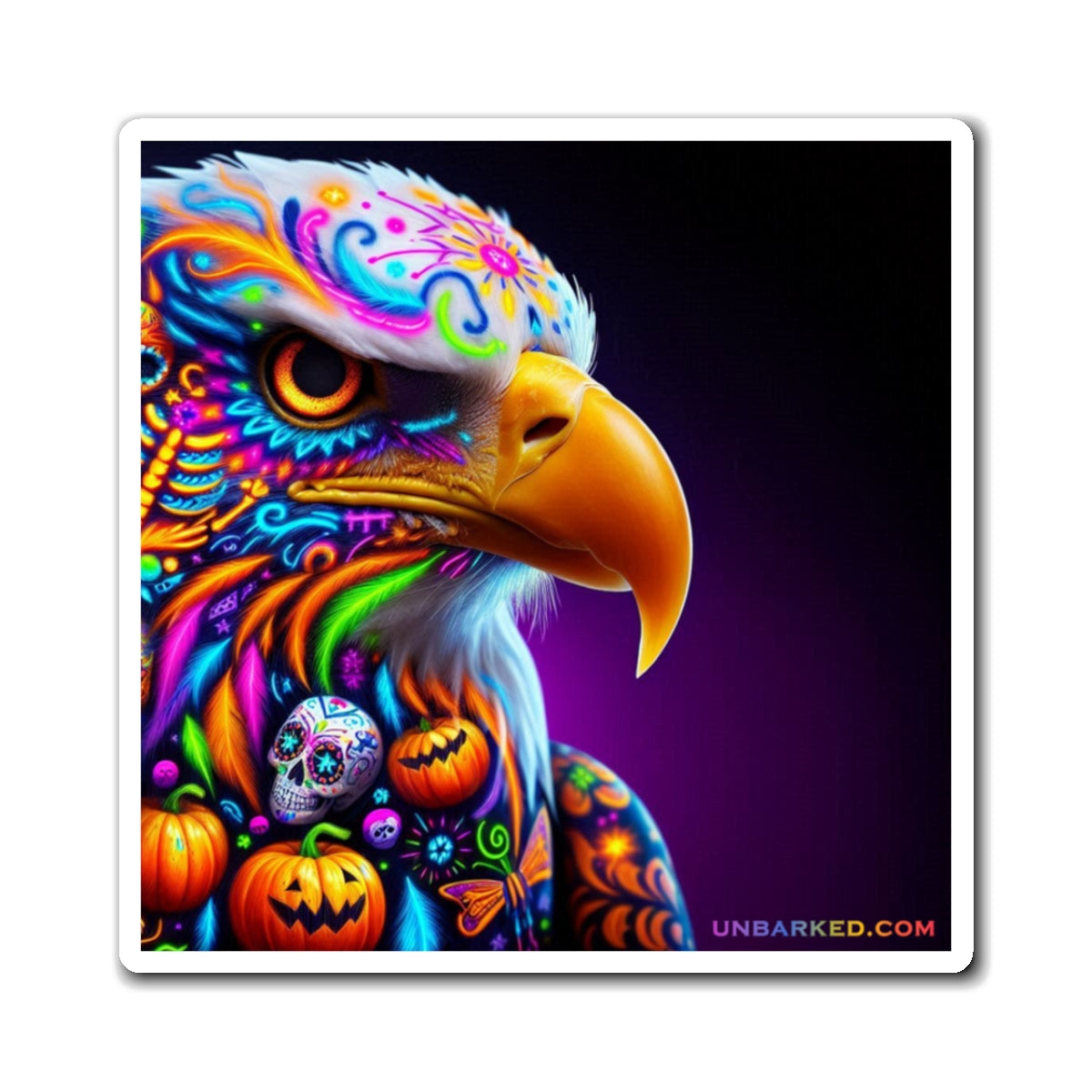 3" Square Magnet - UNBARKED! Halloween Collection - Bald Eagle Vibrant Día de Muertos Tattoo