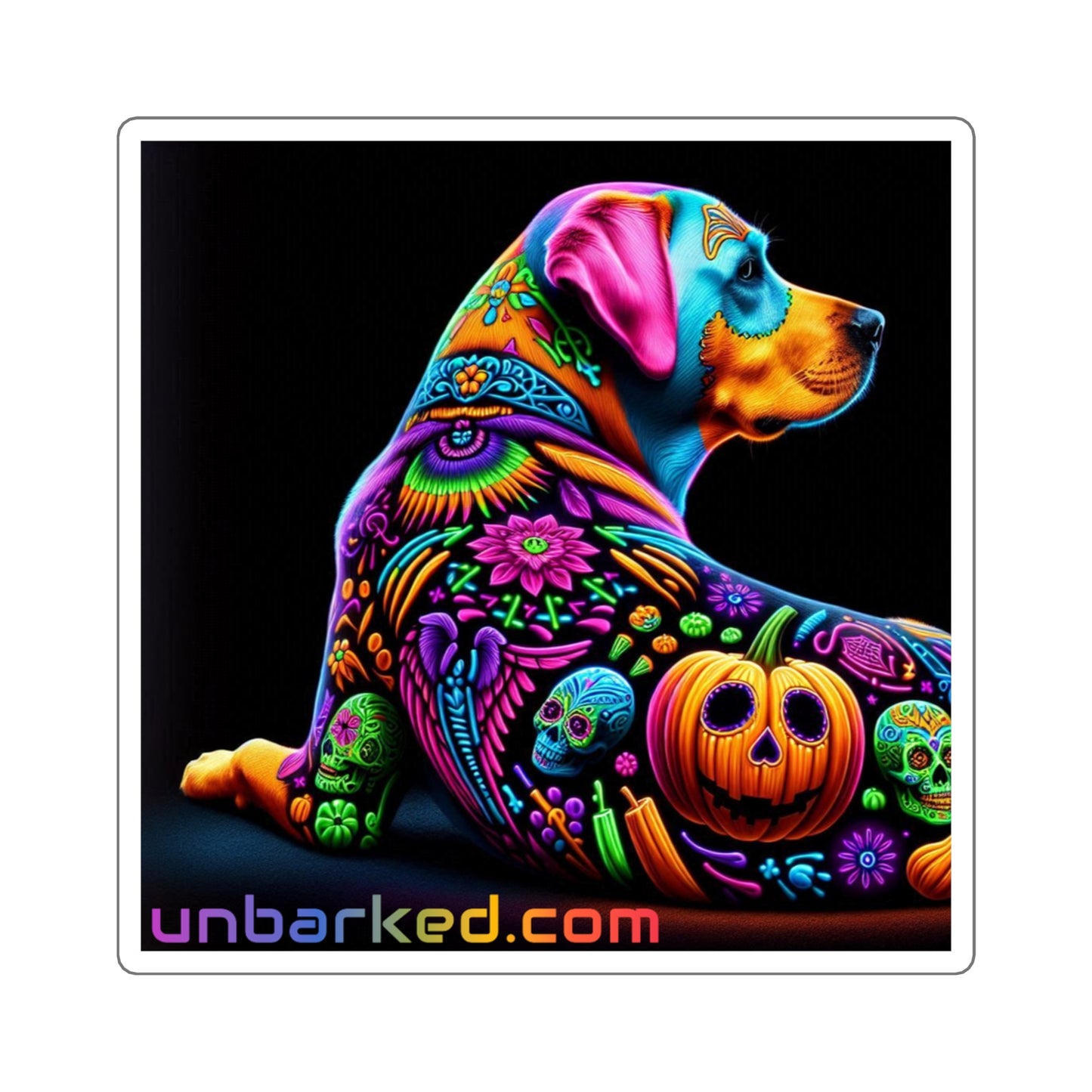 3x3" Square Sticker UNBARKED! Halloween Collection - Labrador Retreiver Vibrant Día de Muertos Tattoo