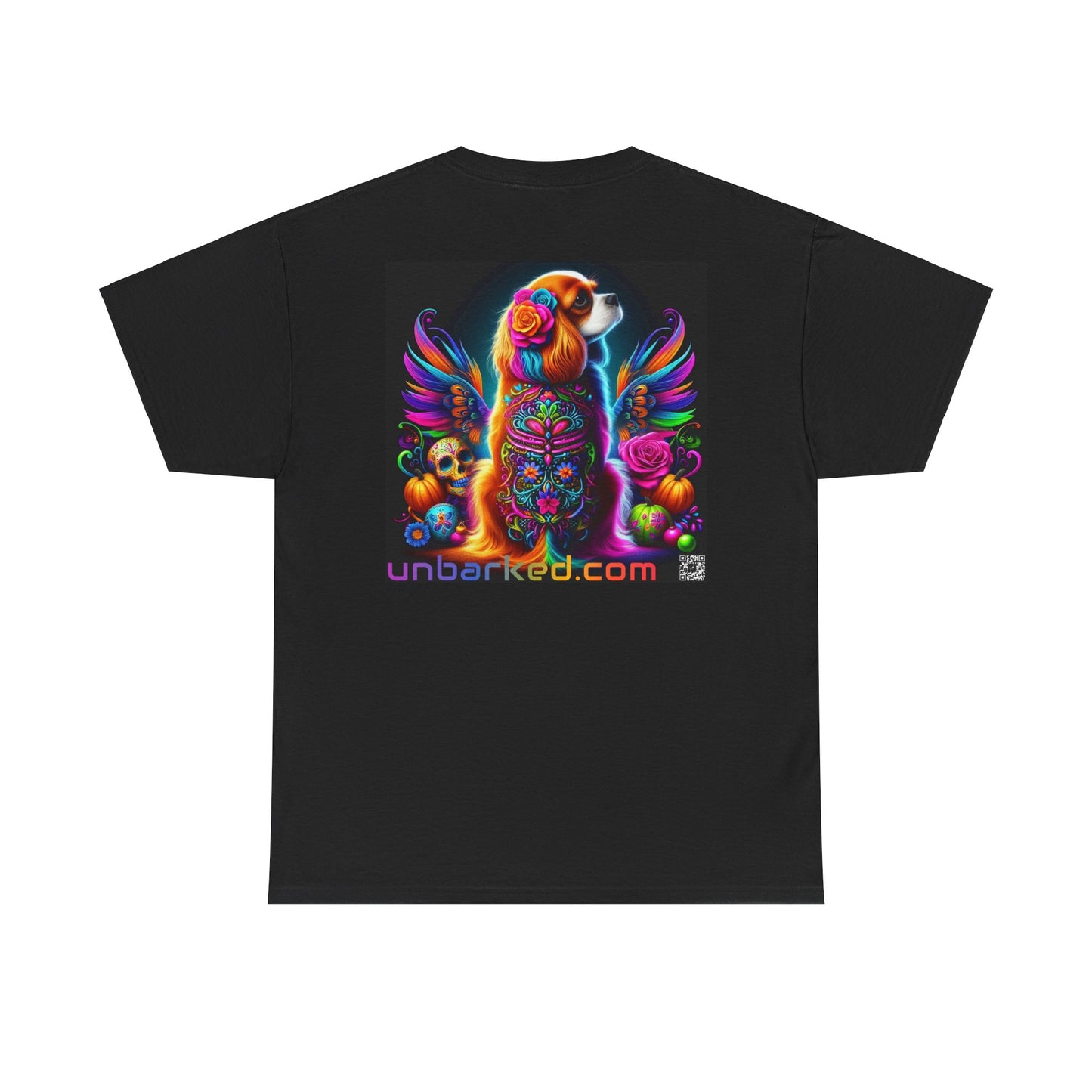 UNBARKED! Halloween Collection - Cavalier King Charles Spaniel Dog Vibrant Día de Muertos Tattoo Unisex Heavy Cotton Tee