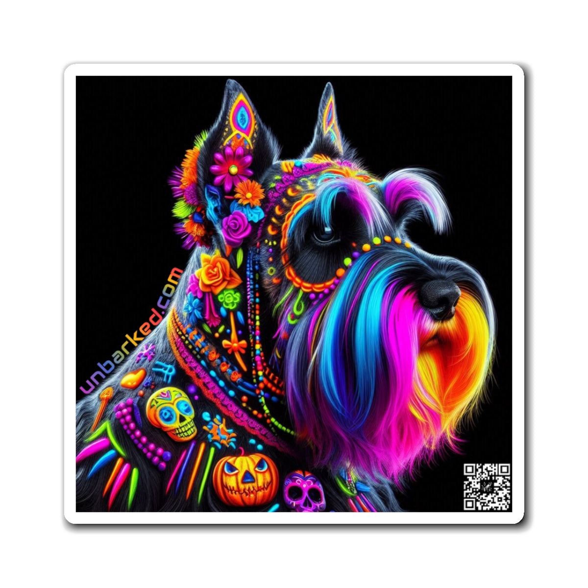 3" Square Magnet - UNBARKED! Halloween Collection - Schnauzer Dog Vibrant Día de Muertos Tattoo