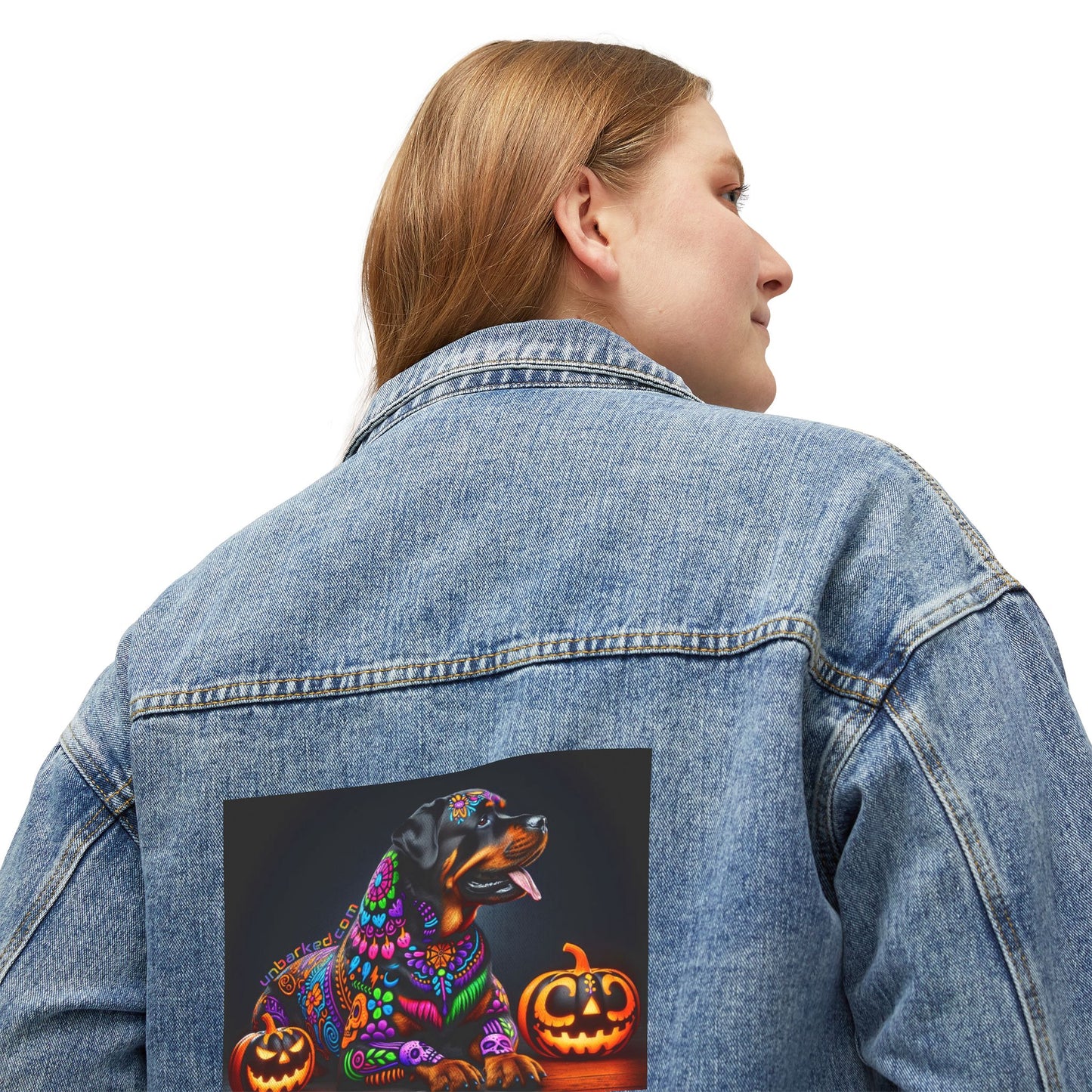 UNBARKED! Halloween Collective Women's Denim Jacket Rottweiler Dog Throw Bak!