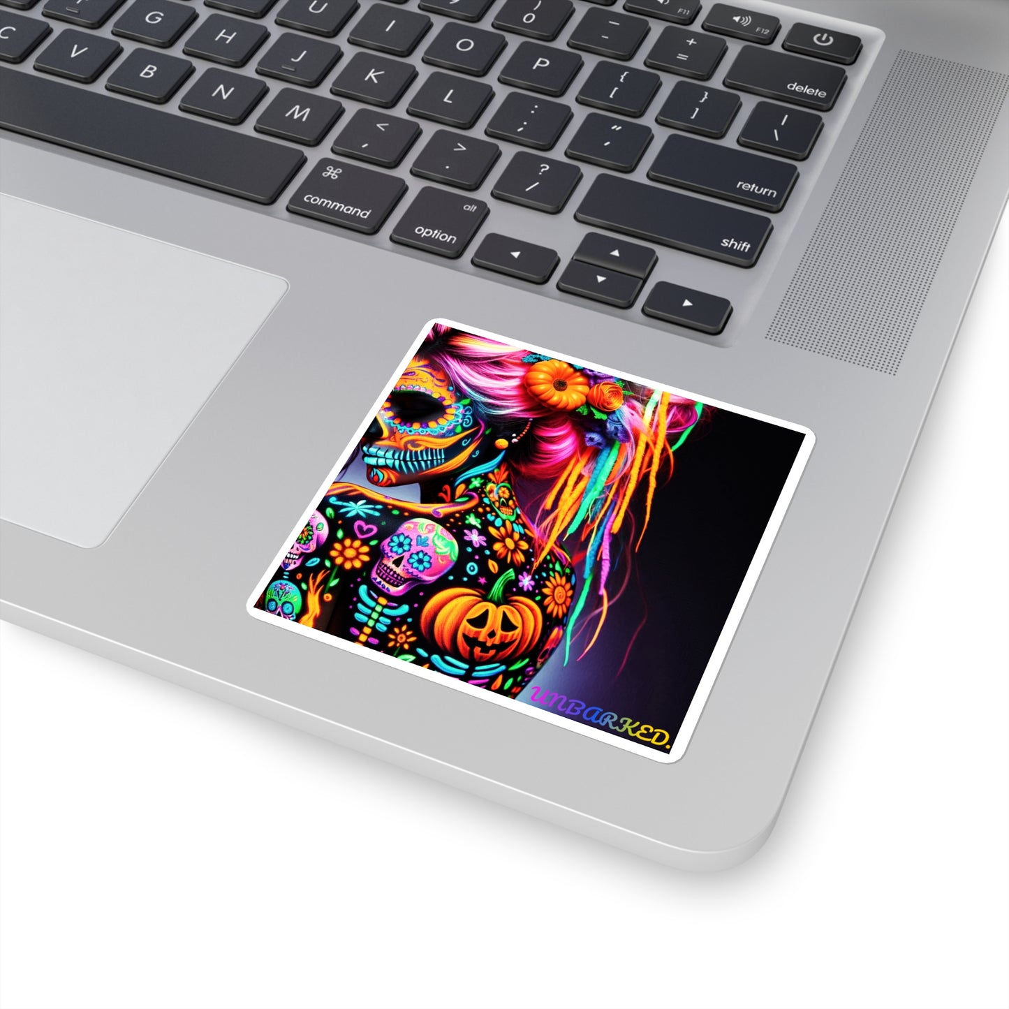 3x3" Square Sticker UNBARKED! Halloween Collection - Sexy Vibrant Día de Muertos Tattoo