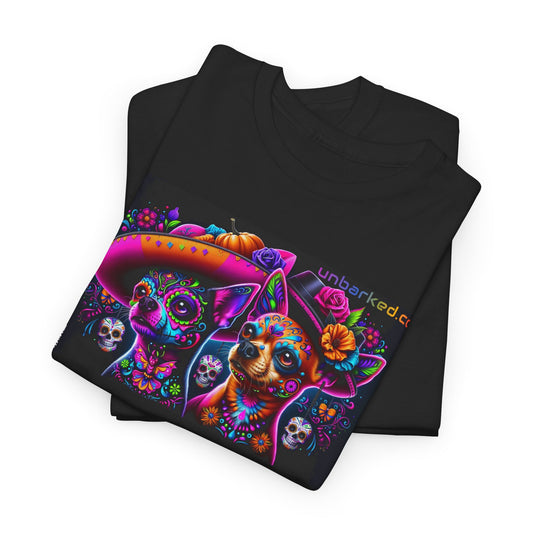 UNBARKED! Halloween Collection - Chihuahua Dog Vibrant Día de Muertos Tattoo Unisex Heavy Cotton Tee