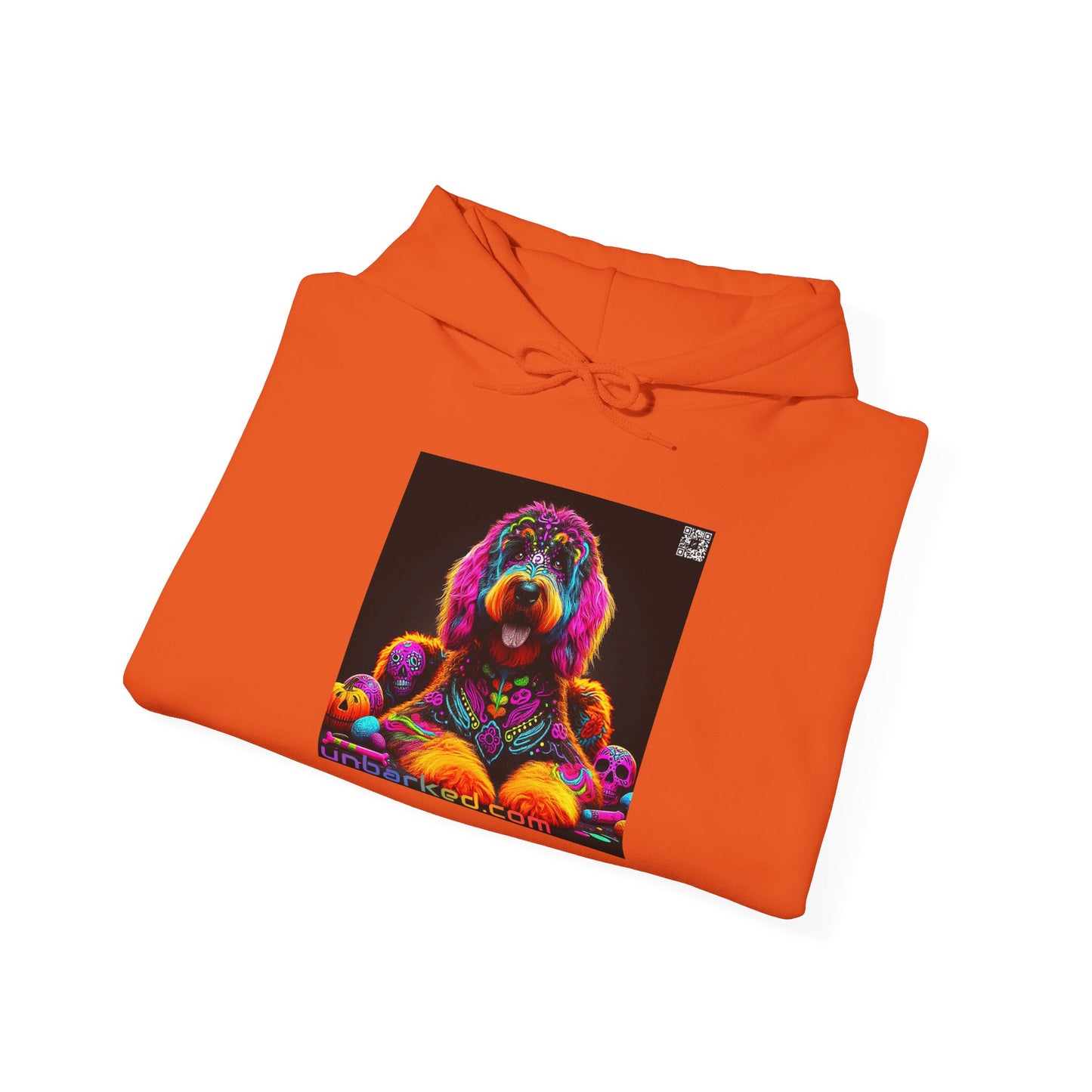 Unisex Heavy Blend™ Hooded Sweatshirt UNBARKED! Halloween Collection - Bernedoodle Vibrant Día de Muertos Tattoo