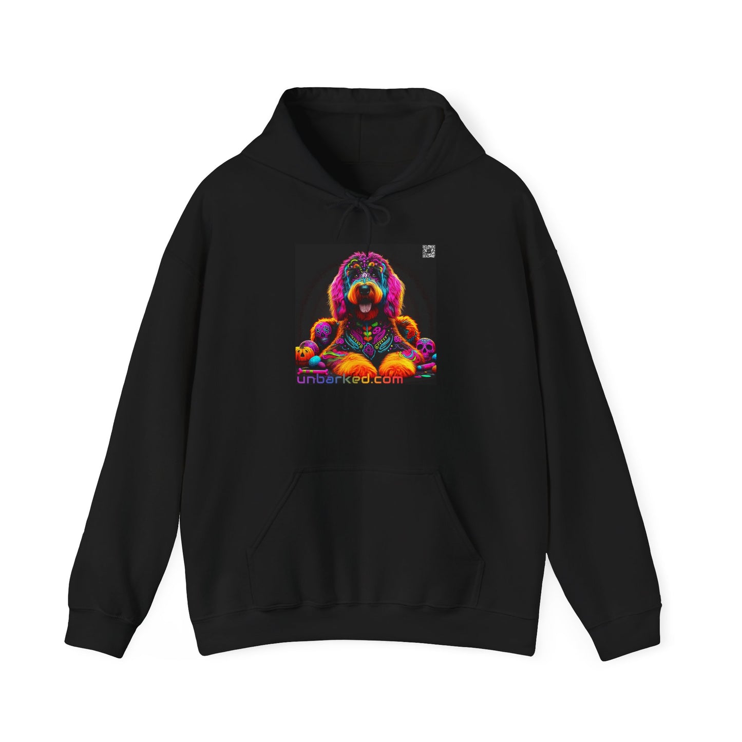 Unisex Heavy Blend™ Hooded Sweatshirt UNBARKED! Halloween Collection - Bernedoodle Vibrant Día de Muertos Tattoo