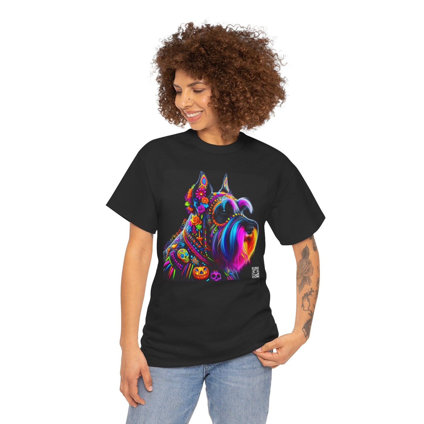 UNBARKED! Halloween Collection - Schnauzer Dog Vibrant Día de Muertos Tattoo Unisex Heavy Cotton Tee