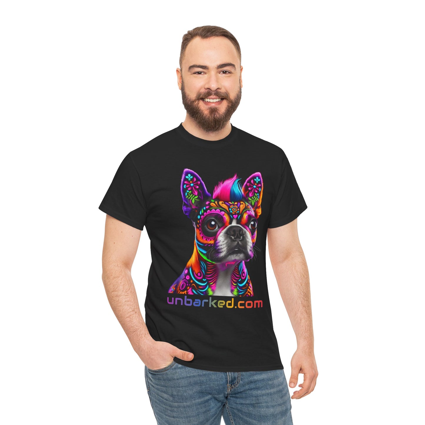 UNBARKED! Halloween Collection - Boston Terrier Dog Vibrant Día de Muertos Tattoo Unisex Heavy Cotton Tee