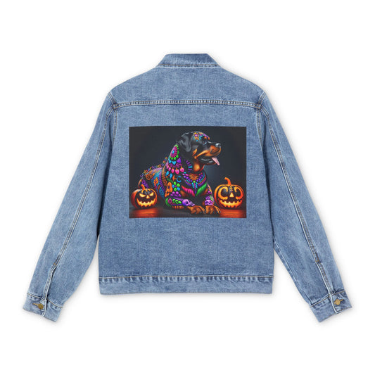 UNBARKED! Halloween Collection Rottweiler Dog Dia de Los Muertos Denim Jacket Throw Bak!