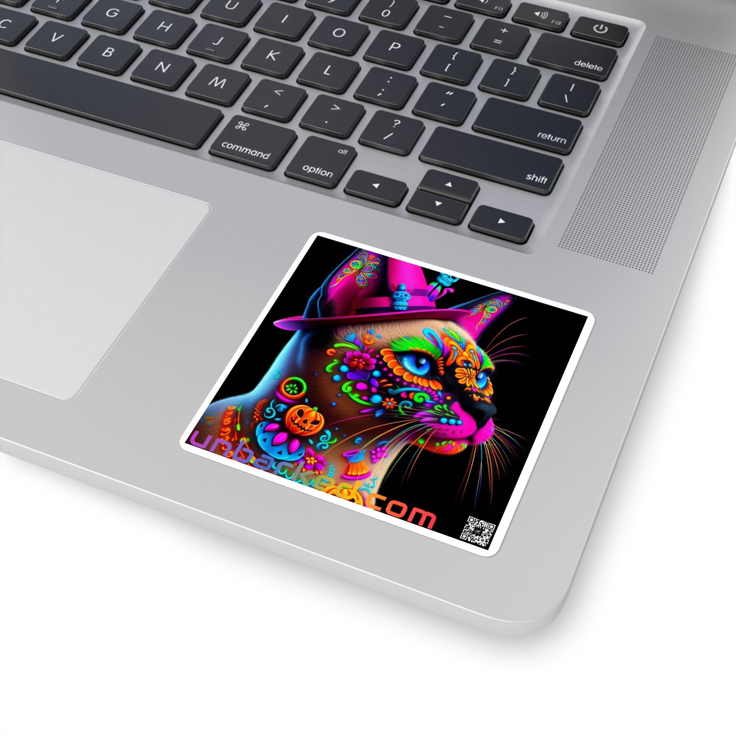 3x3" Square Sticker UNBARKED! Halloween Collection - Siamese Cat Vibrant Día de Muertos Tattoo
