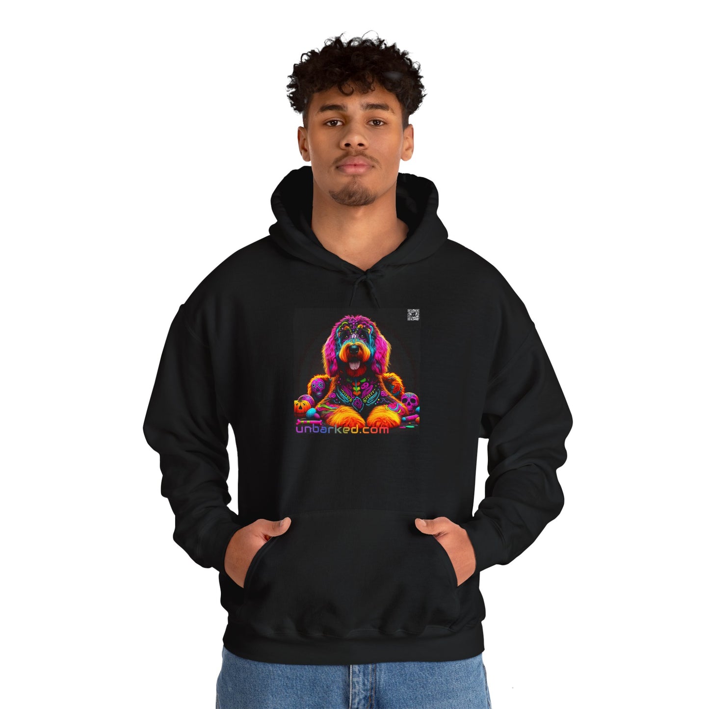 Unisex Heavy Blend™ Hooded Sweatshirt UNBARKED! Halloween Collection - Bernedoodle Vibrant Día de Muertos Tattoo