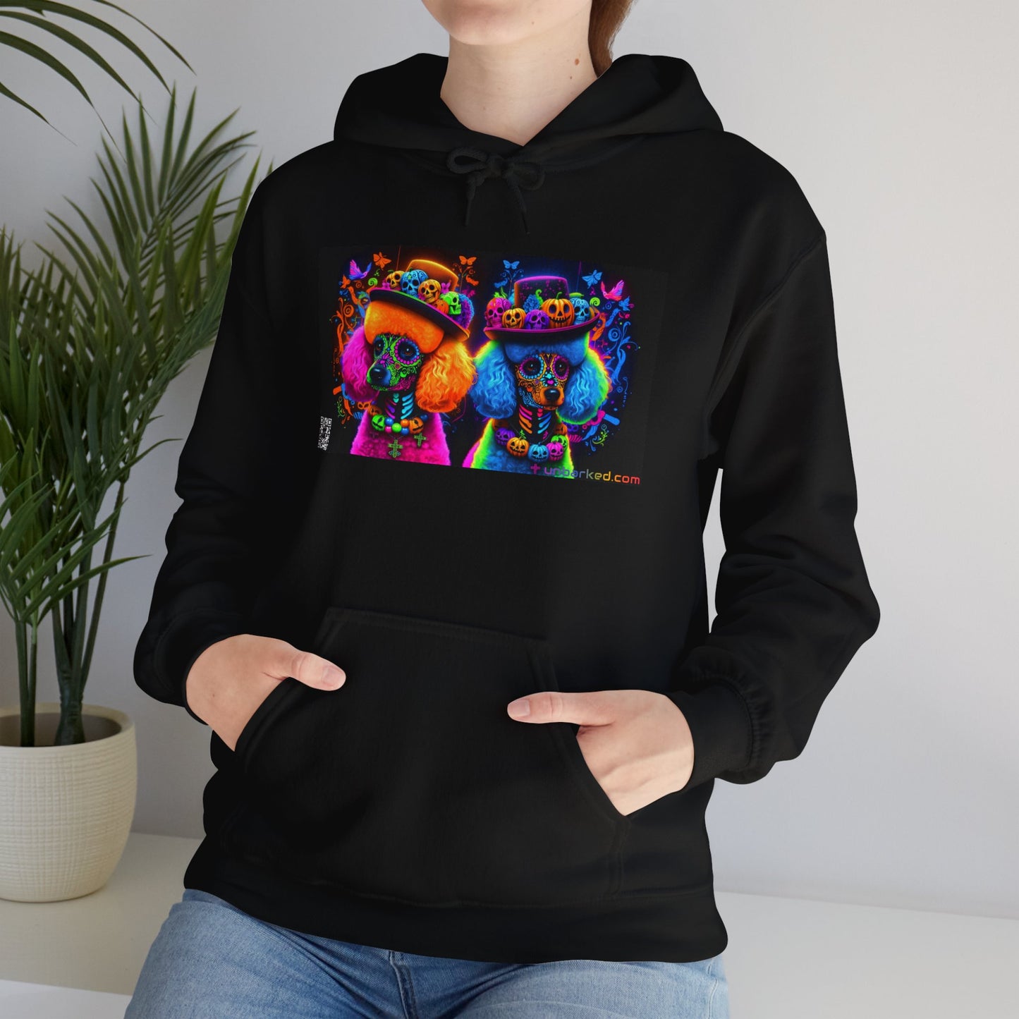 Unisex Heavy Blend™ Hooded Sweatshirt UNBARKED! Halloween Collection - Poodle Dog Vibrant Día de Muertos Tattoo